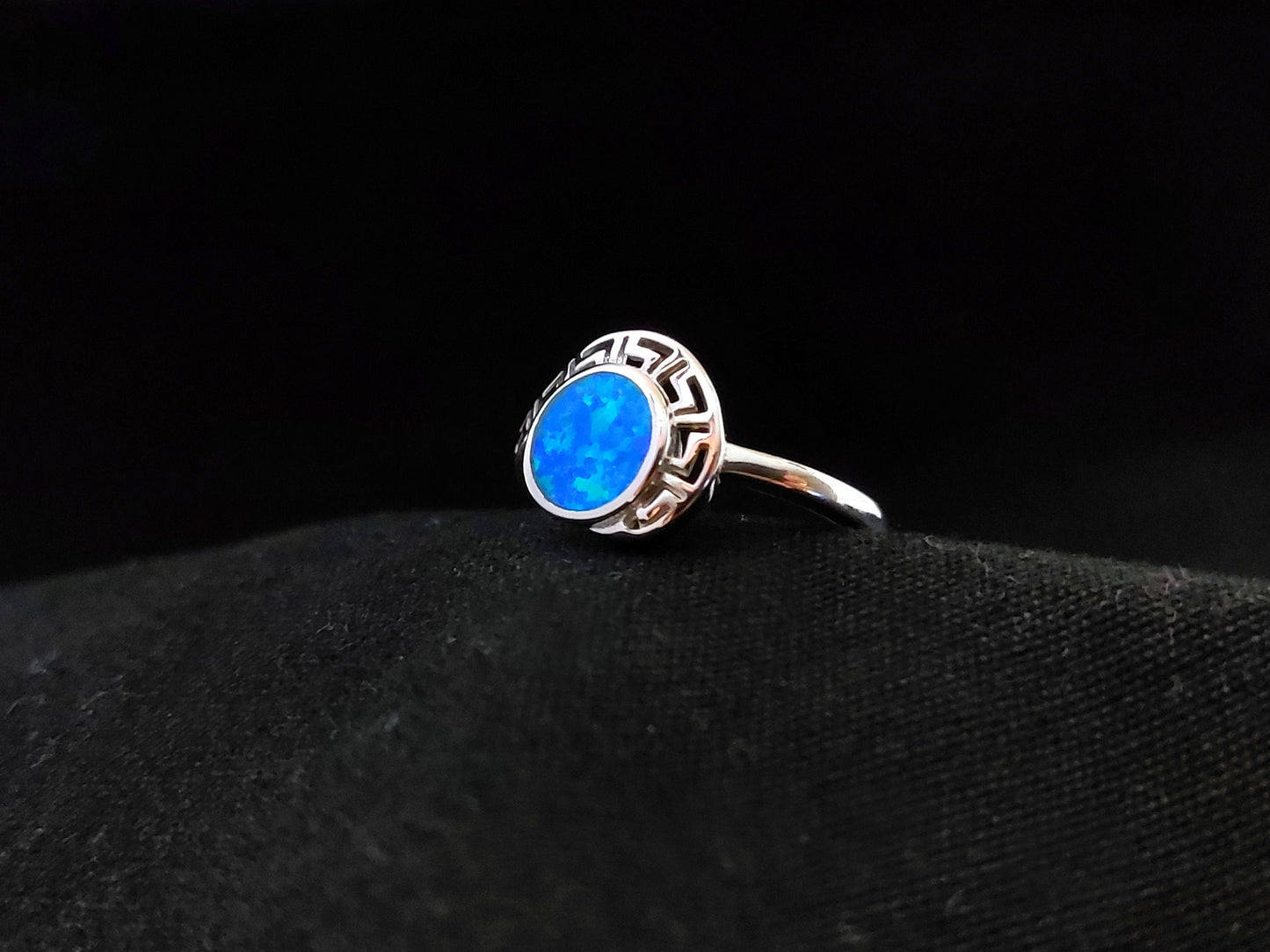 Sterling Silver 925 Modern Greek Key & Blue Opal Ring US 7 3/4 , Greek Opal Jewelry, Griechisches Opal Silber Ring,Bague Grecque
