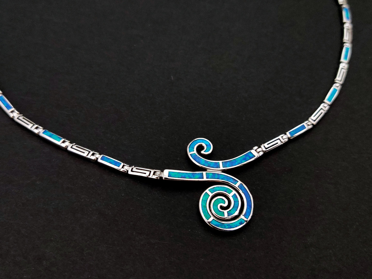 Sterling Silver 925 Fire Rainbow Blue Opal Greek Double Spiral Wave Necklace ,Griechischer Opal Silber Kette, Bijoux Grecque, Greek Jewelry