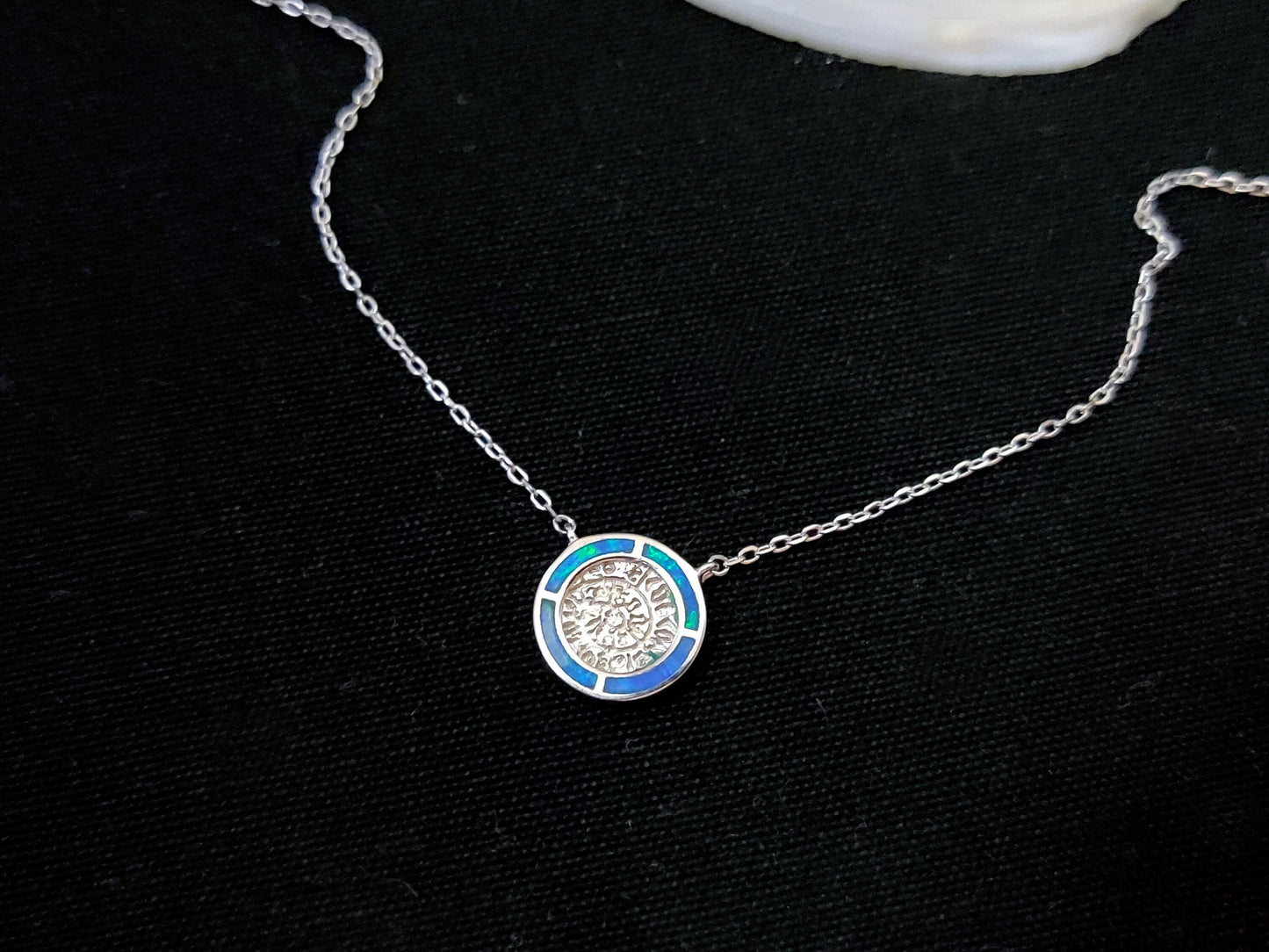 Sterling Silver 925 Fire Rainbow Blue Opal Phaistos Disc Chain Pendant Necklace, Griechischer Opal Kette, Bijoux Grecque, Greek Jewelry