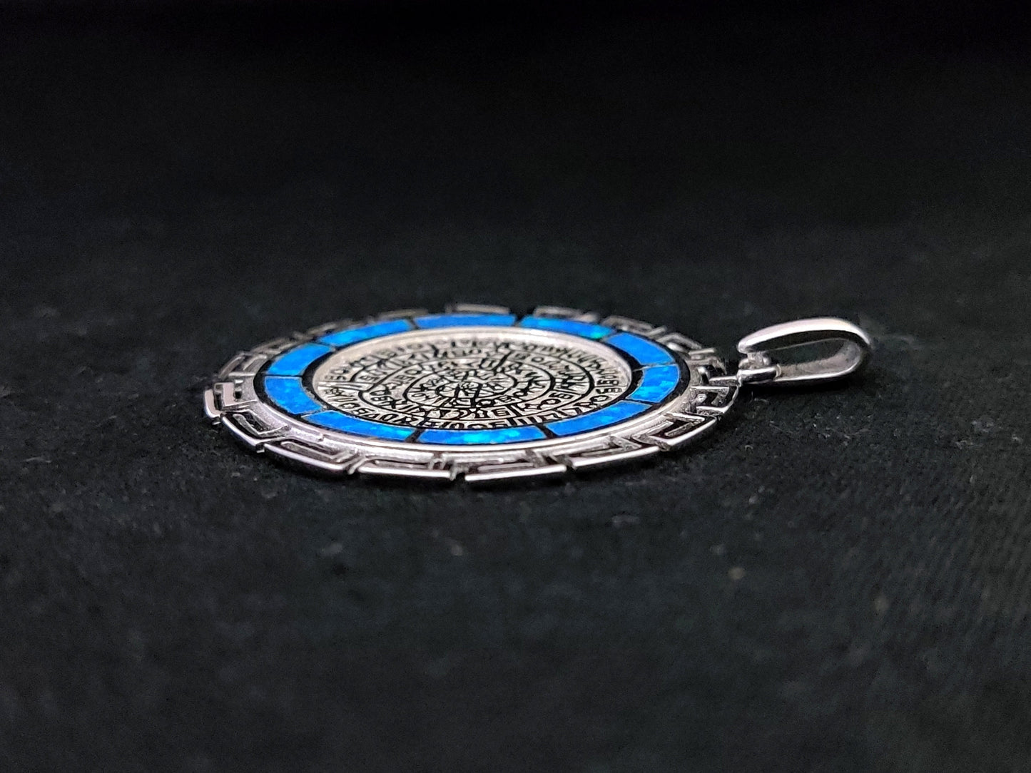 Sterling Silver 925 Blue Opal Phaistos Disc Meander Pendant 35mm , Greek Opal Pendant, Greek Jewelry, Griechischer Opal Anhanger, Grecque