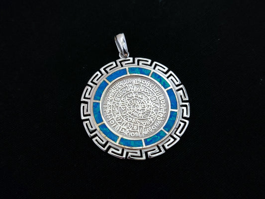 Sterling Silver 925 Blue Opal Phaistos Disc Meander Pendant 35mm , Greek Opal Pendant, Greek Jewelry, Griechischer Opal Anhanger, Grecque