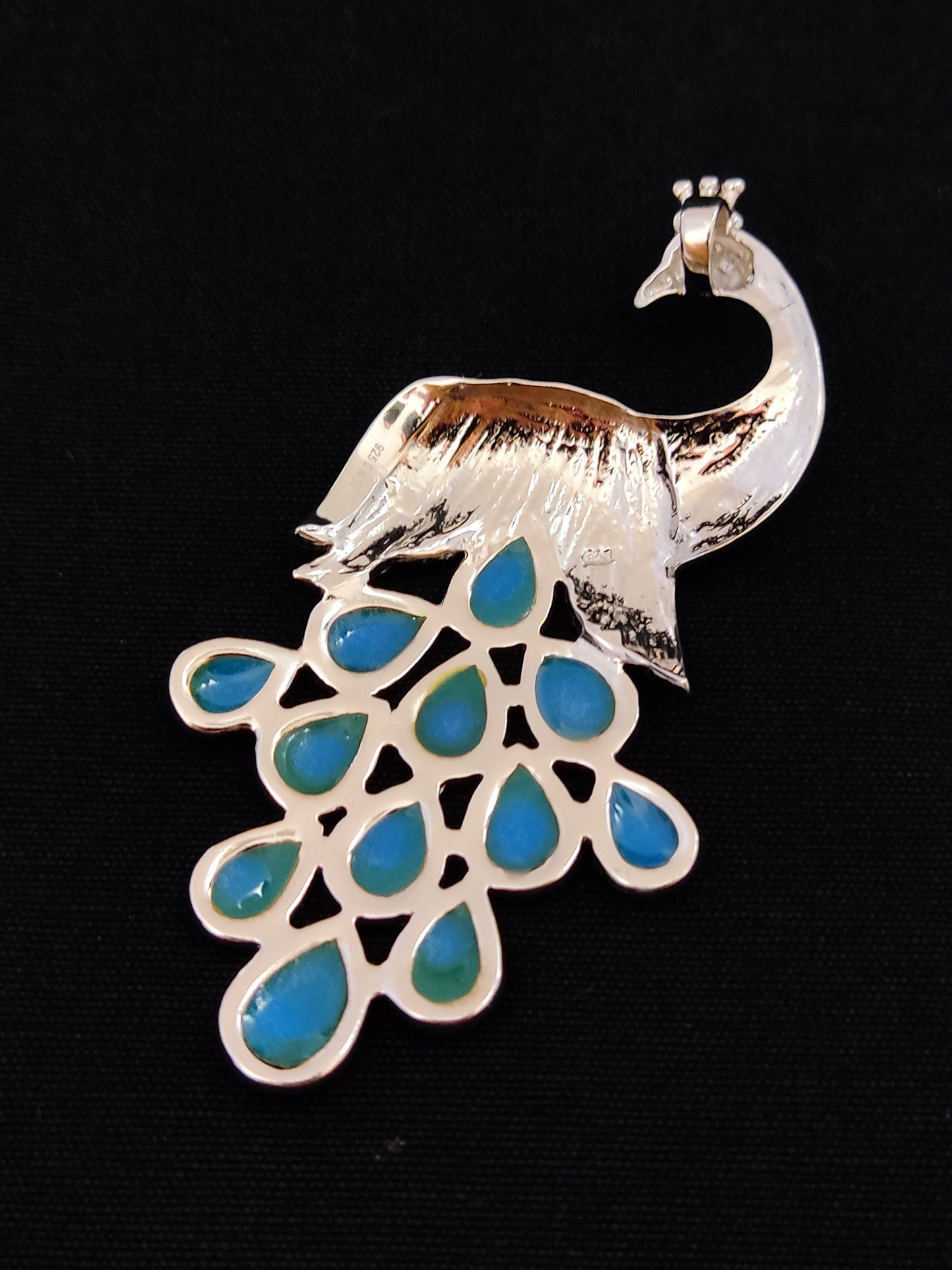 Sterling Silver 925 Ocean Blue Opal Peacock BIG Pendant 75x40mm, Greek Peacock Opal Silver Pendant, Griechisches Silber Anhanger Schmuck