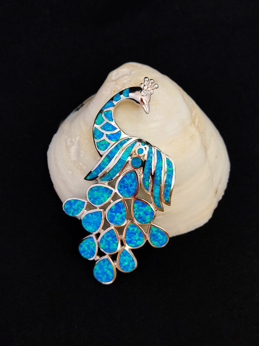 Sterling Silver 925 Ocean Blue Opal Peacock BIG Pendant 75x40mm, Greek Peacock Opal Silver Pendant, Griechisches Silber Anhanger Schmuck