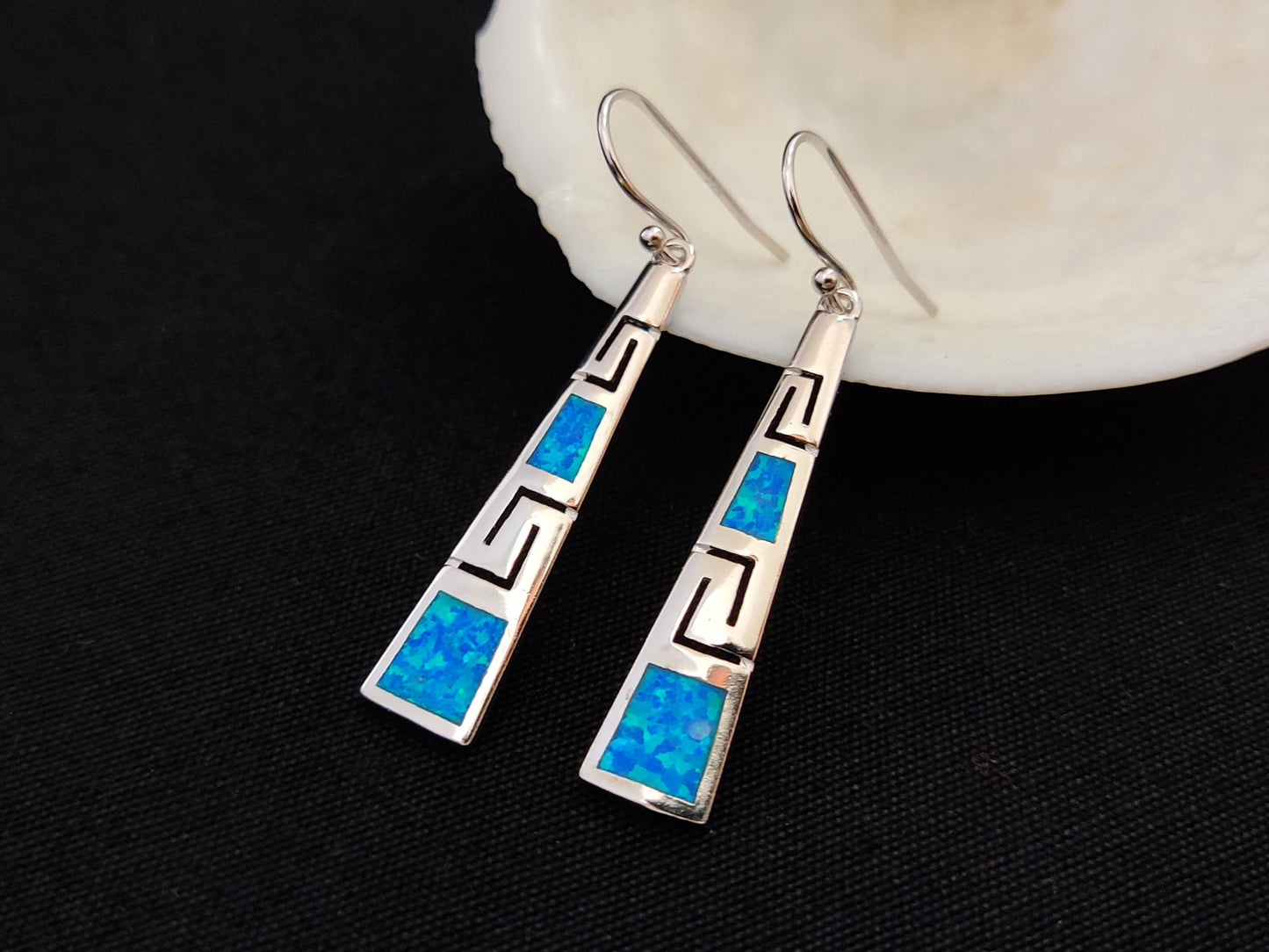 Sterling Silver 925 Opal Meander Greek Dangle Gradual Earrings, Greek Key Earrings, Griechisches Ohrringe, Bijoux Grecque, Bijoux Grecque