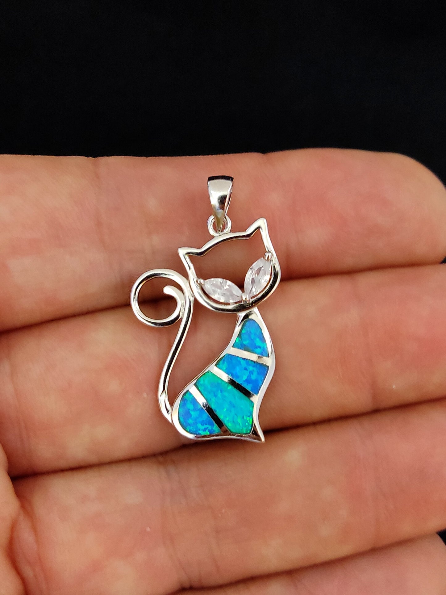 Sterling Silver 925 Blue Opal Greek Cat Animal Pendant 30mm , Greek Opal Spiral Pendant, Greek Jewelry, Griechischer Opal Anhanger, Grecque
