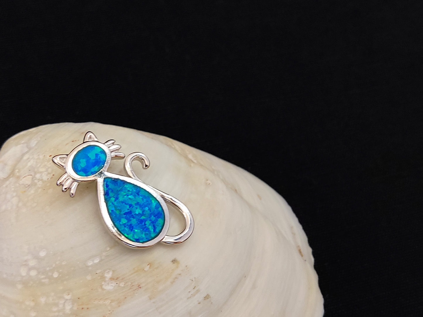 Sterling Silver 925 Blue Opal Greek Cat Animal Pendant 25mm, Greek Opal Cat Pendant, Greek Jewelry, Griechischer Opal Anhanger, Grecque