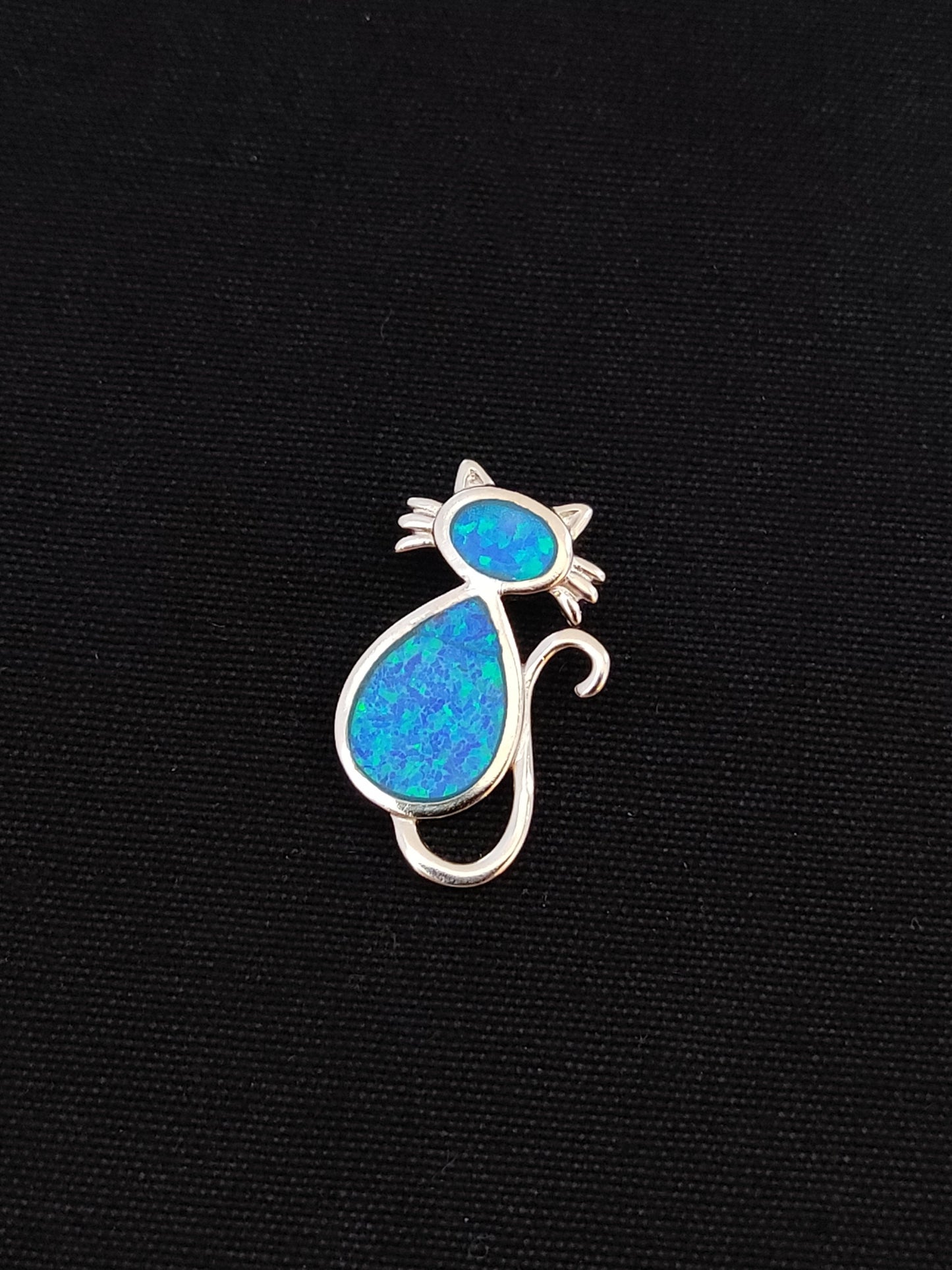 Sterling Silver 925 Blue Opal Greek Cat Animal Pendant 25mm, Greek Opal Cat Pendant, Greek Jewelry, Griechischer Opal Anhanger, Grecque