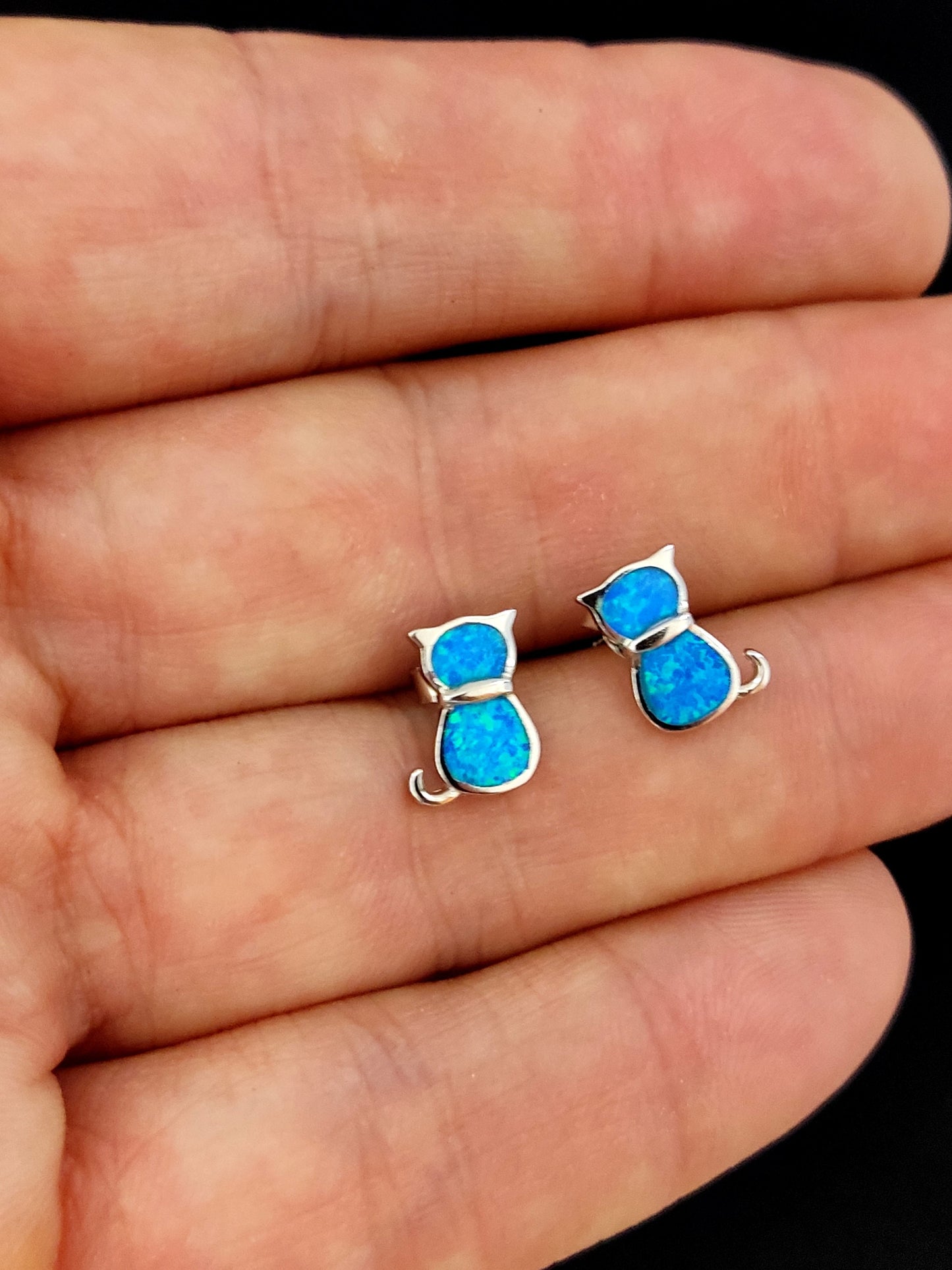 Sterling Silver 925 Ocean Blue Opal Small Cats Stud Earrings, Greek Cats Earrings, Griechisches Ohrringe, Bijoux Grecque, Bijoux Grecque