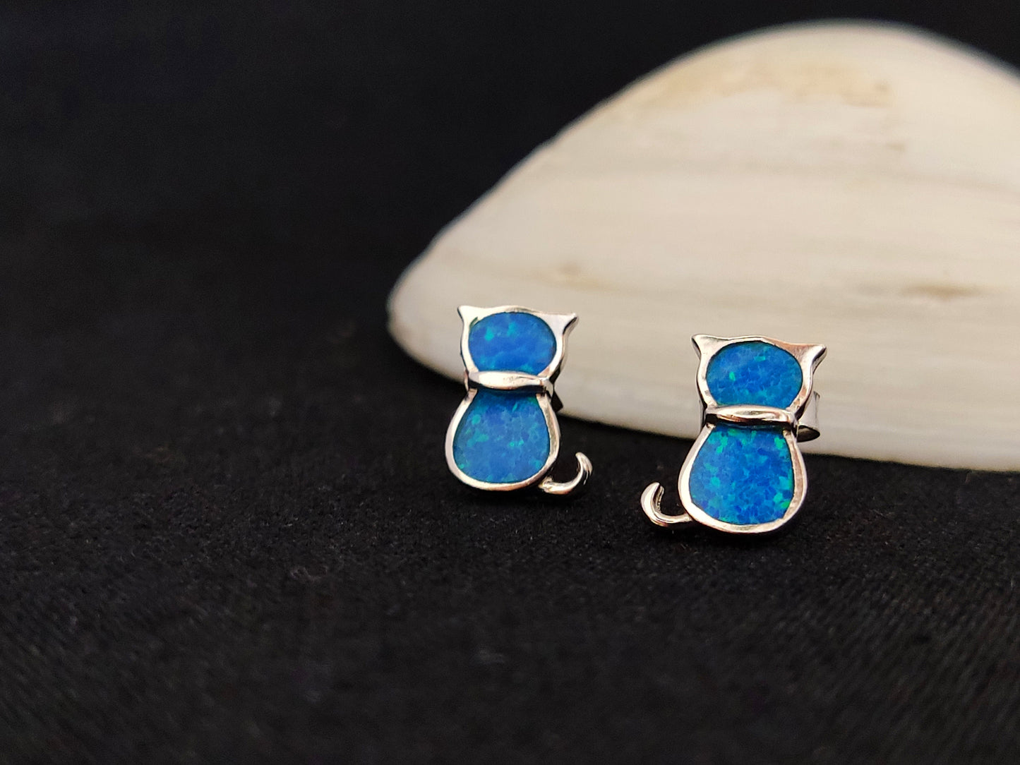 Sterling Silver 925 Ocean Blue Opal Small Cats Stud Earrings, Greek Cats Earrings, Griechisches Ohrringe, Bijoux Grecque, Bijoux Grecque