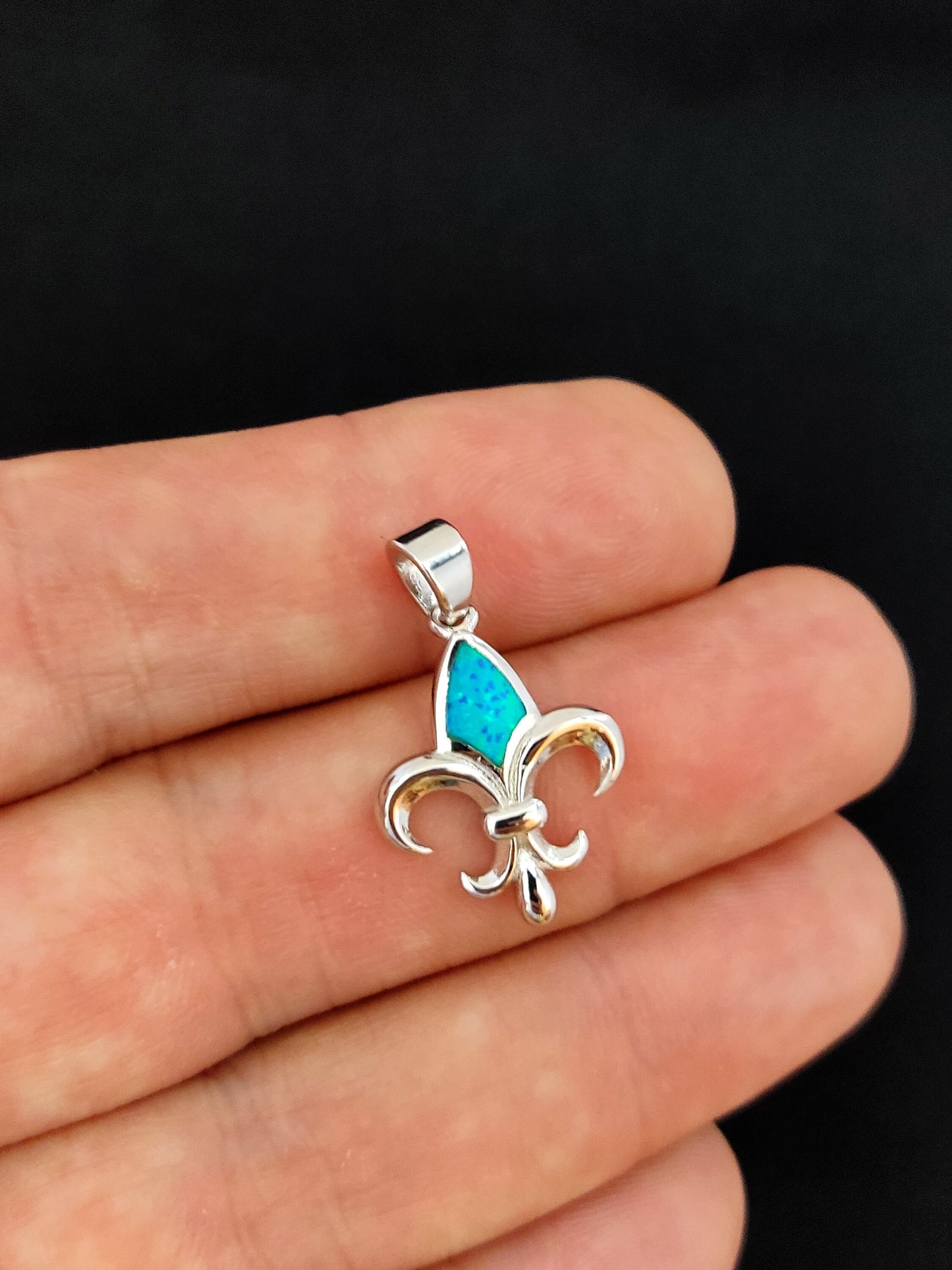 Sterling Silver 925 Blue Opal Fleur-de-lis lys French Lily Knight Pendant, Opal Lily Pendant, French Jewelry, Griechischer Opal Anhanger,