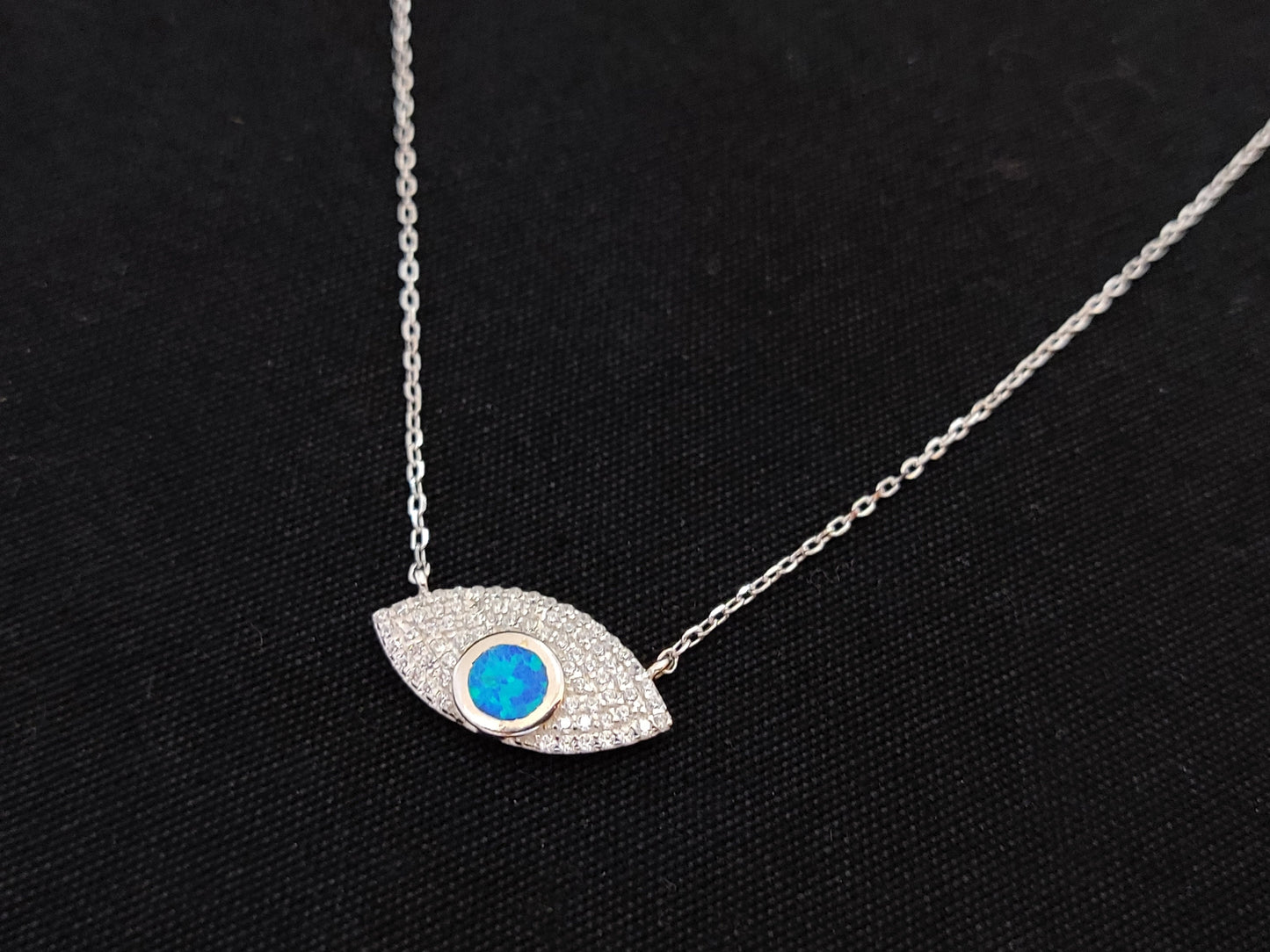 Sterling Silver 925 Fire Rainbow Blue Opal & Crystal Evil Eye Chain Pendant Necklace, Griechischer Opal Kette, Bijoux Grecque, Greek Jewelry