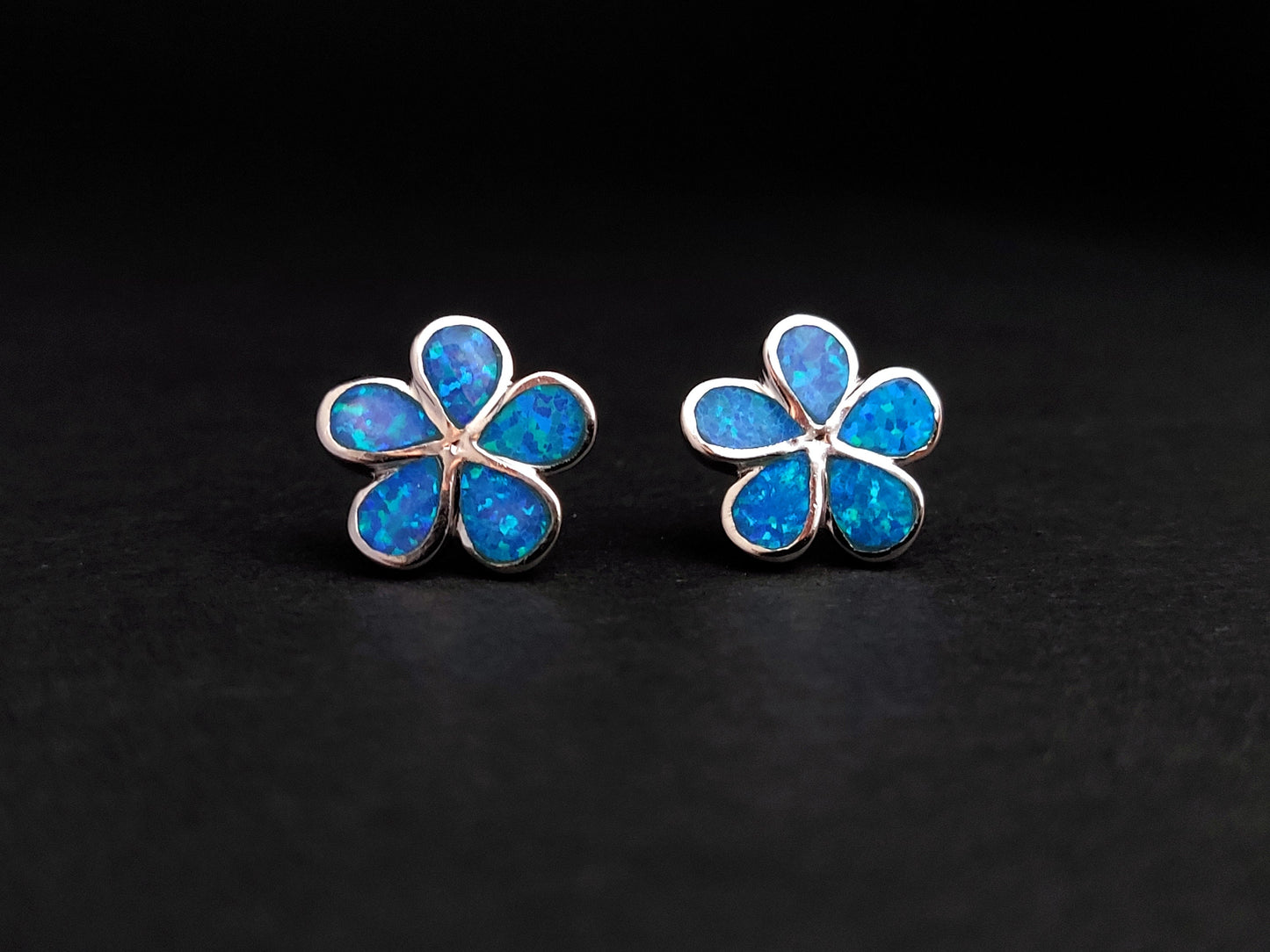 Sterling Silver 925 Flower Fire Blue Opal Stud Modern Earrings 13mm, Opal Hearts Earrings, Greek Kids Women Jewelry, Griechische Ohrringe