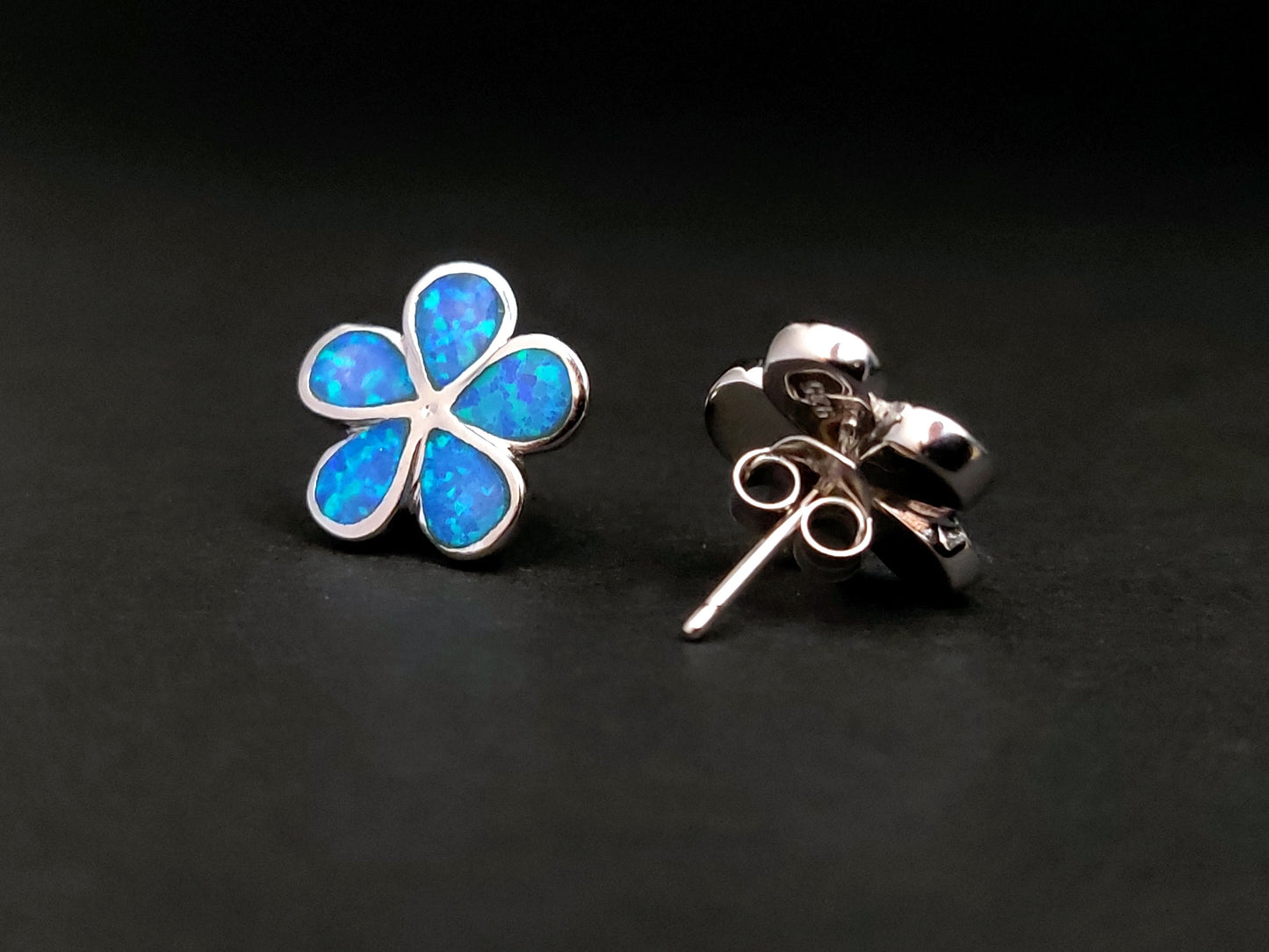 Sterling Silver 925 Flower Fire Blue Opal Stud Modern Earrings 13mm, Opal Hearts Earrings, Greek Kids Women Jewelry, Griechische Ohrringe