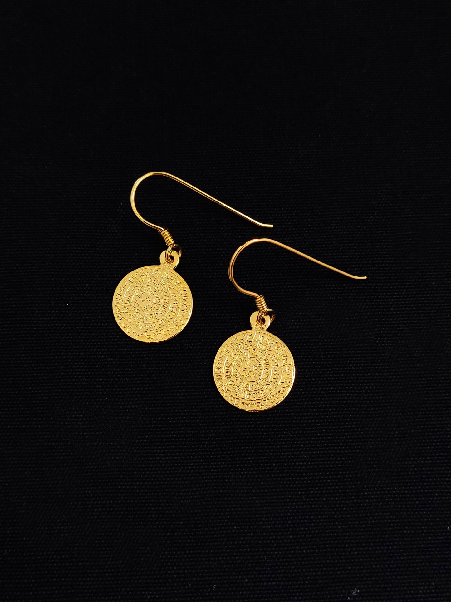 Phaistos Disc Gold Plated Dangle Earrings 14mm