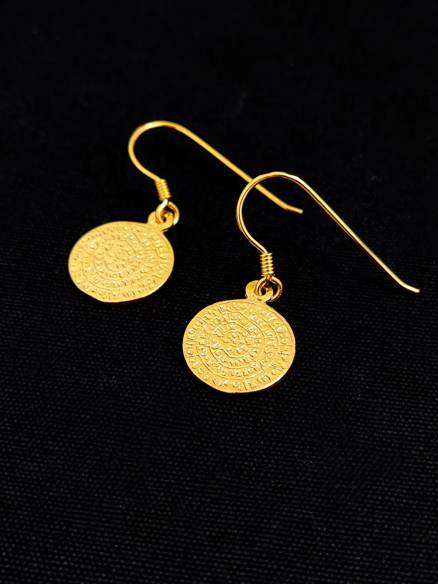 Phaistos Disc Gold Plated Dangle Earrings 14mm