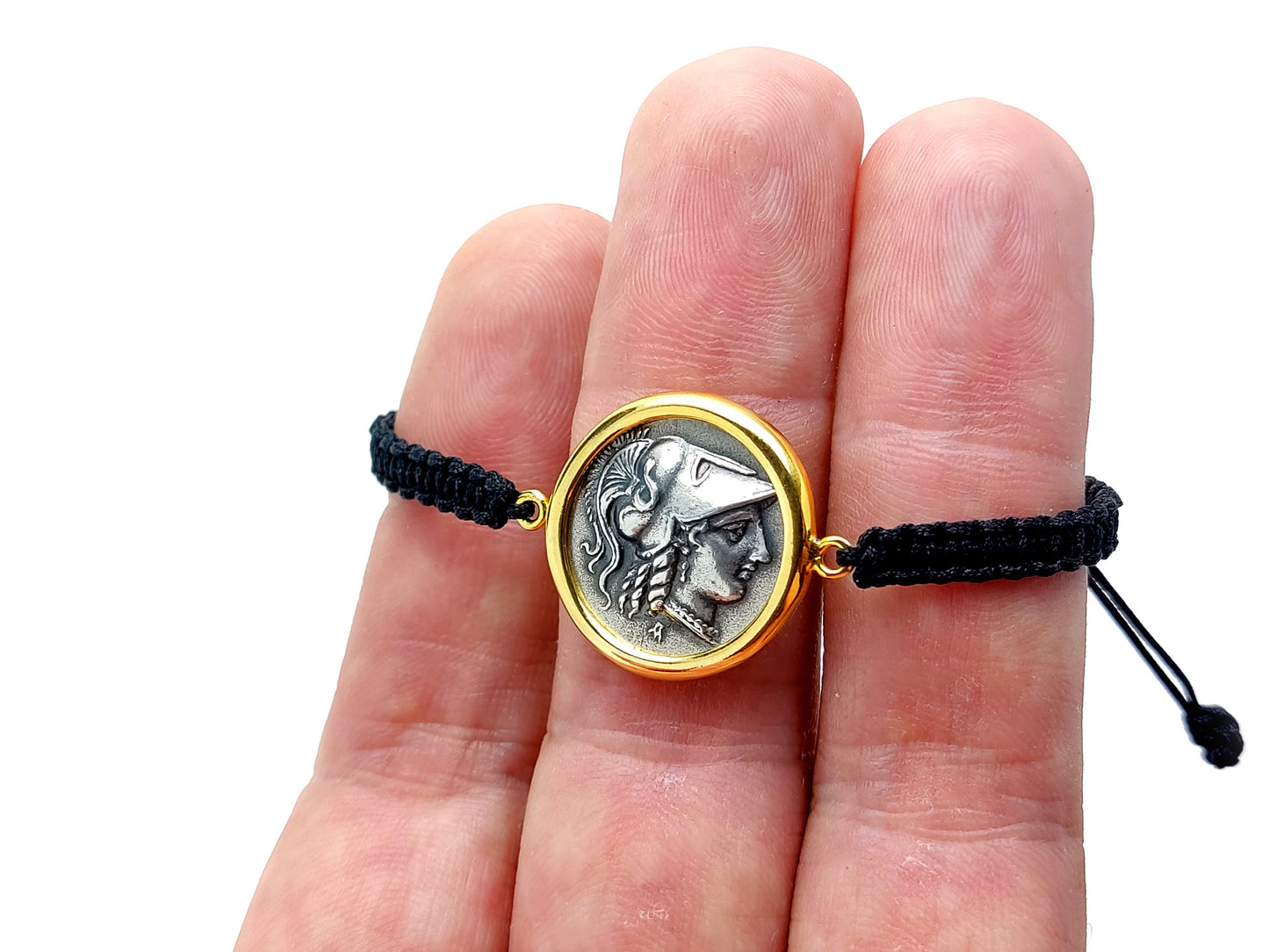 Sterling Silver 925 Goddess Athena Coin Macrame Adjustable Greek Bracelet, Men Women Greek Bracelet, Griechischer Armband, Bijoux Grecque