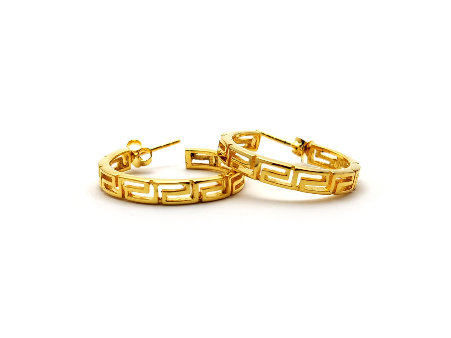 Sterling Silver 925 Greek Earrings , Greek Eternity Key Gold Plated Hoop Earrings 30mm , Griechische Ohrringe ,Boucles d'oreilles grecques