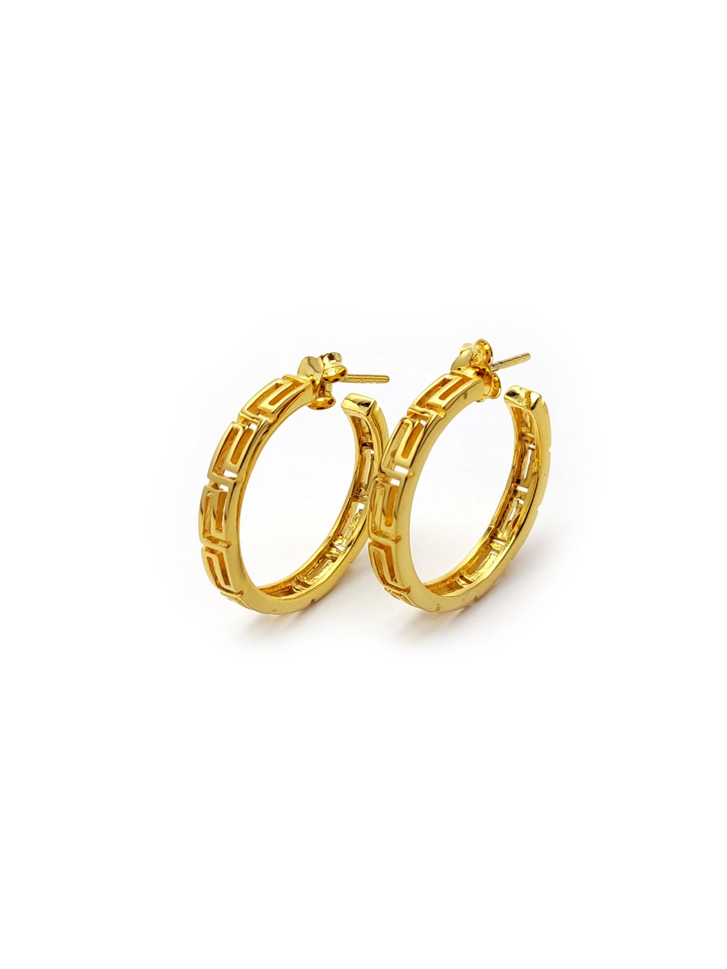 Sterling Silver 925 Greek Earrings , Greek Eternity Key Gold Plated Hoop Earrings 30mm , Griechische Ohrringe ,Boucles d'oreilles grecques