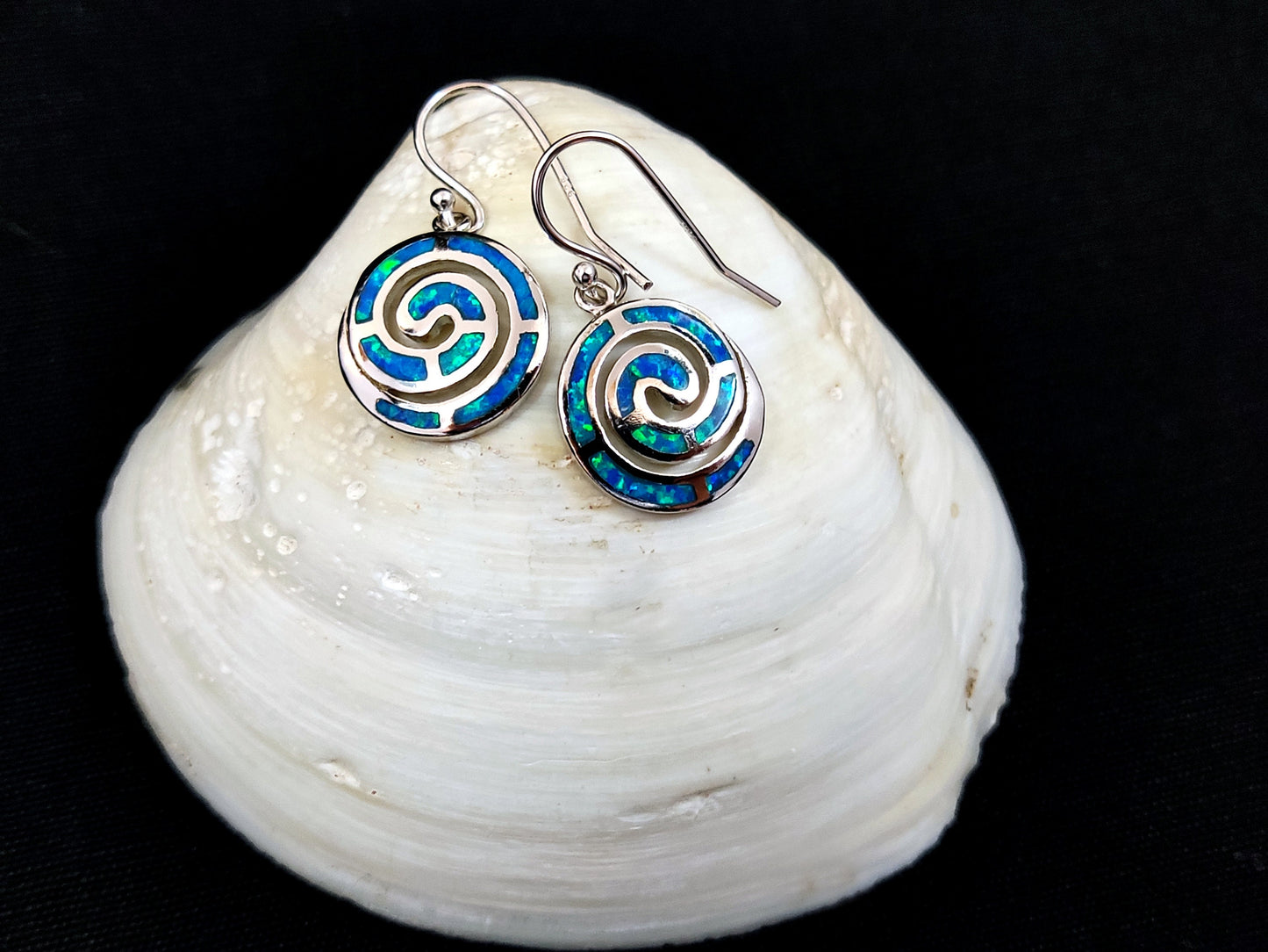 Sterling Silver 925 Greek Spiral Fire Blue Opal Dangle Earrings 15mm, Greek Opal Spiral Earrings, Greek Jewelry, Griechischer Opal Ohrringe