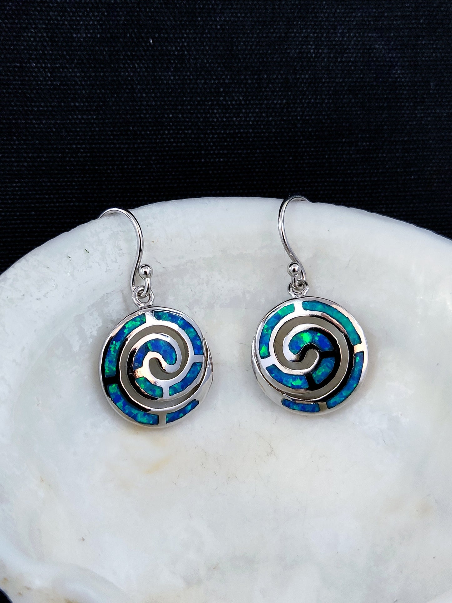Sterling Silver 925 Greek Spiral Fire Blue Opal Dangle Earrings 15mm, Greek Opal Spiral Earrings, Greek Jewelry, Griechischer Opal Ohrringe