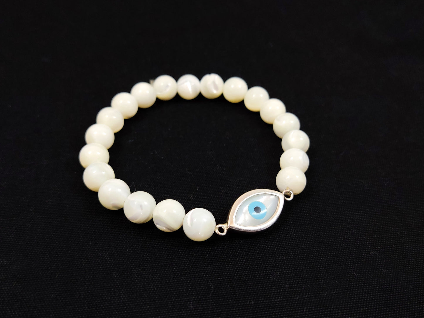 Sterling Silver 925 Greek Evil Eye 18x10mm & Mother Of Pearl Stones 8mm, Evil Eye Bracelet, Greek Bracelet, Griechischer Blau Auge Shmuck