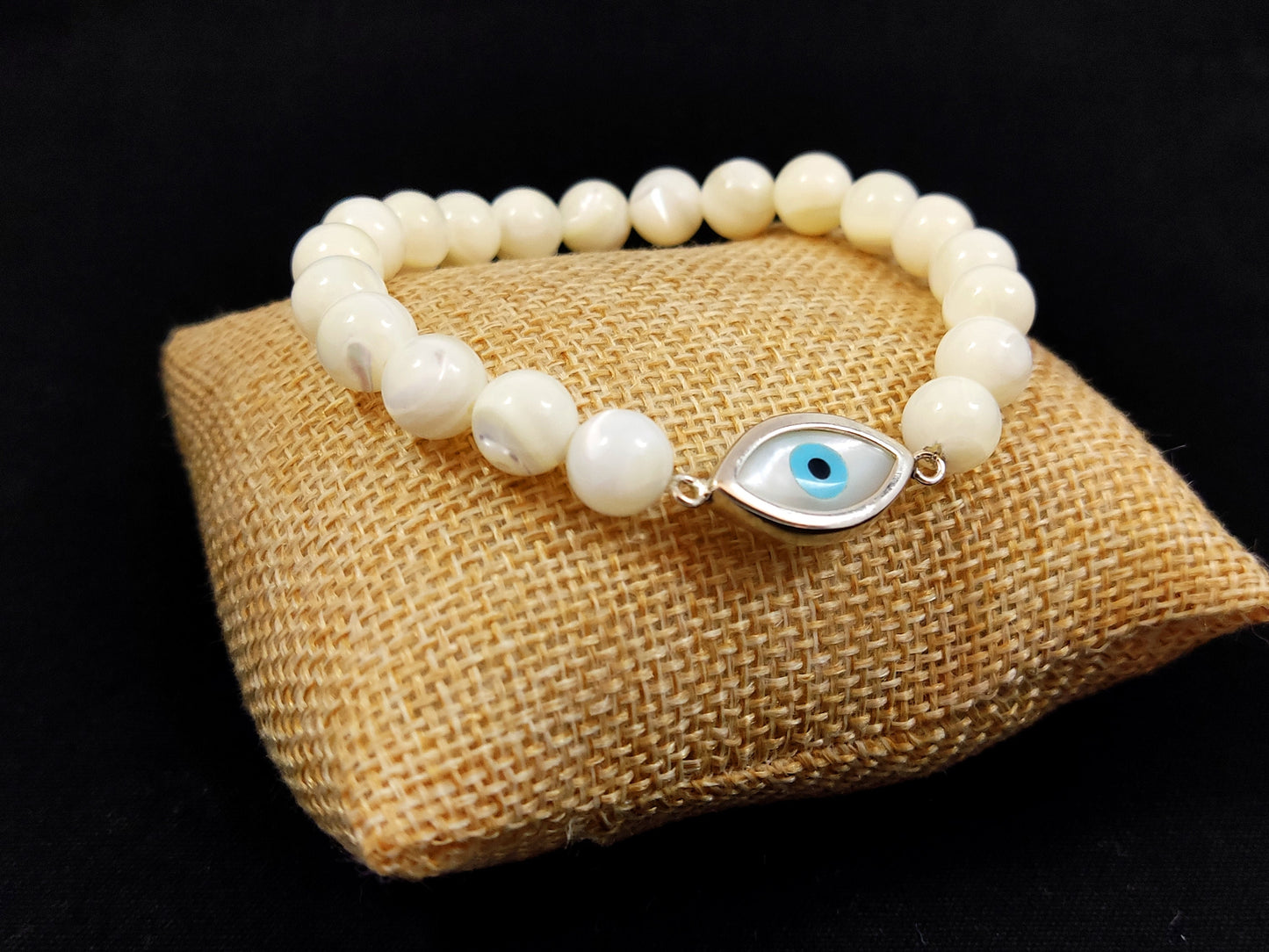 Sterling Silver 925 Greek Evil Eye 18x10mm & Mother Of Pearl Stones 8mm, Evil Eye Bracelet, Greek Bracelet, Griechischer Blau Auge Shmuck
