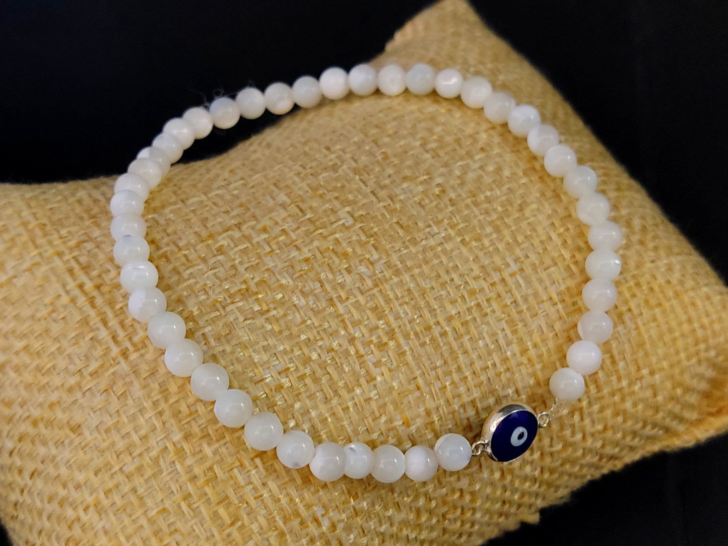 Sterling Silver 925 Greek Blue Evil Eye & Natural Mother Of Pearl Stones 4mm, Evil Eye Bracelet, Greek Bracelet, Griechischer Blau Auge Mati