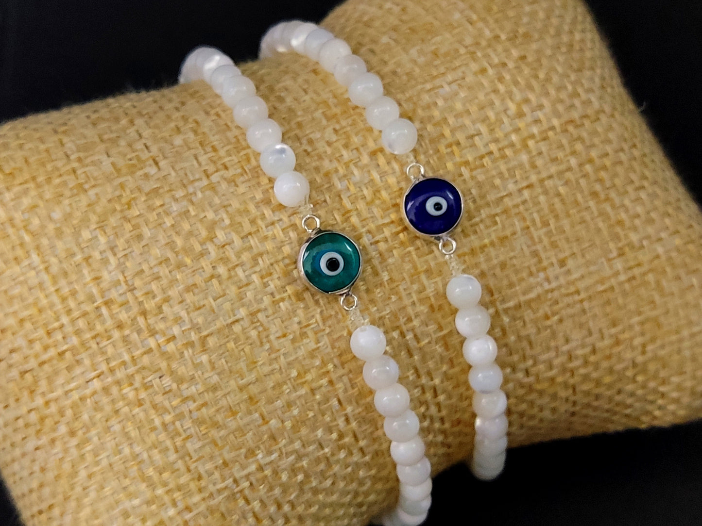 Sterling Silver 925 Greek Blue Evil Eye & Natural Mother Of Pearl Stones 4mm, Evil Eye Bracelet, Greek Bracelet, Griechischer Blau Auge Mati
