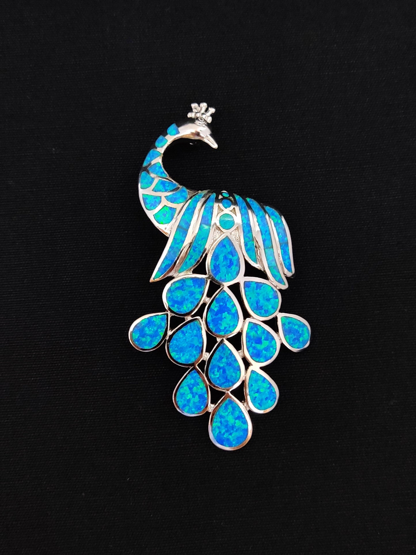 Sterling Silver 925 Ocean Blue Opal Peacock BIG Pendant 75x40mm, Greek Peacock Opal Silver Pendant, Griechisches Silber Anhanger Schmuck