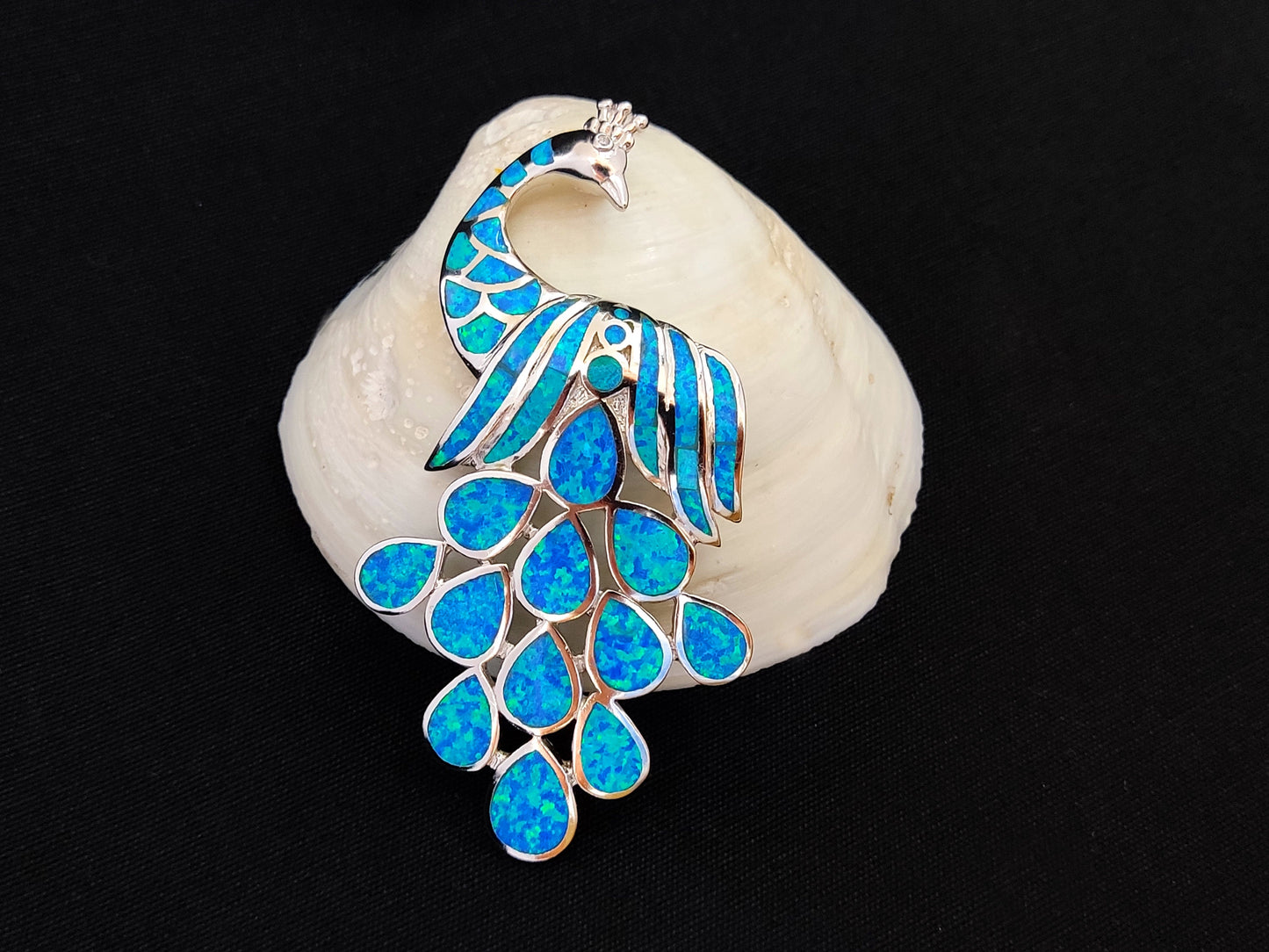 Sterling Silver 925 Ocean Blue Opal Peacock BIG Pendant 75x40mm, Greek Peacock Opal Silver Pendant, Griechisches Silber Anhanger Schmuck