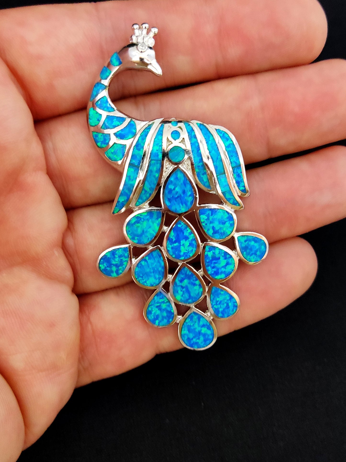 Sterling Silver 925 Ocean Blue Opal Peacock BIG Pendant 75x40mm, Greek Peacock Opal Silver Pendant, Griechisches Silber Anhanger Schmuck