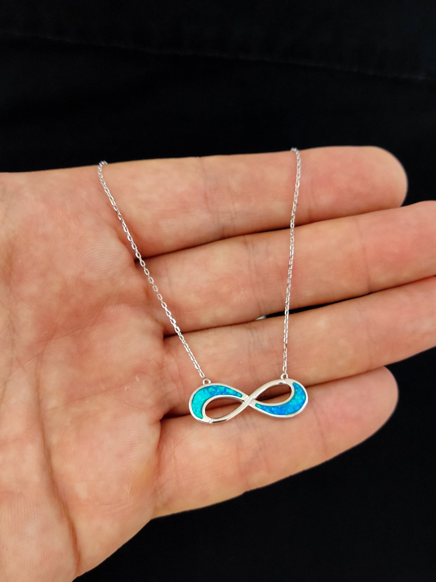 Sterling Silver 925 Fire Rainbow Blue Opal Infinity Symbol Chain Pendant Necklace, Griechischer Opal Kette, Bijoux Grecque, Greek Jewelry