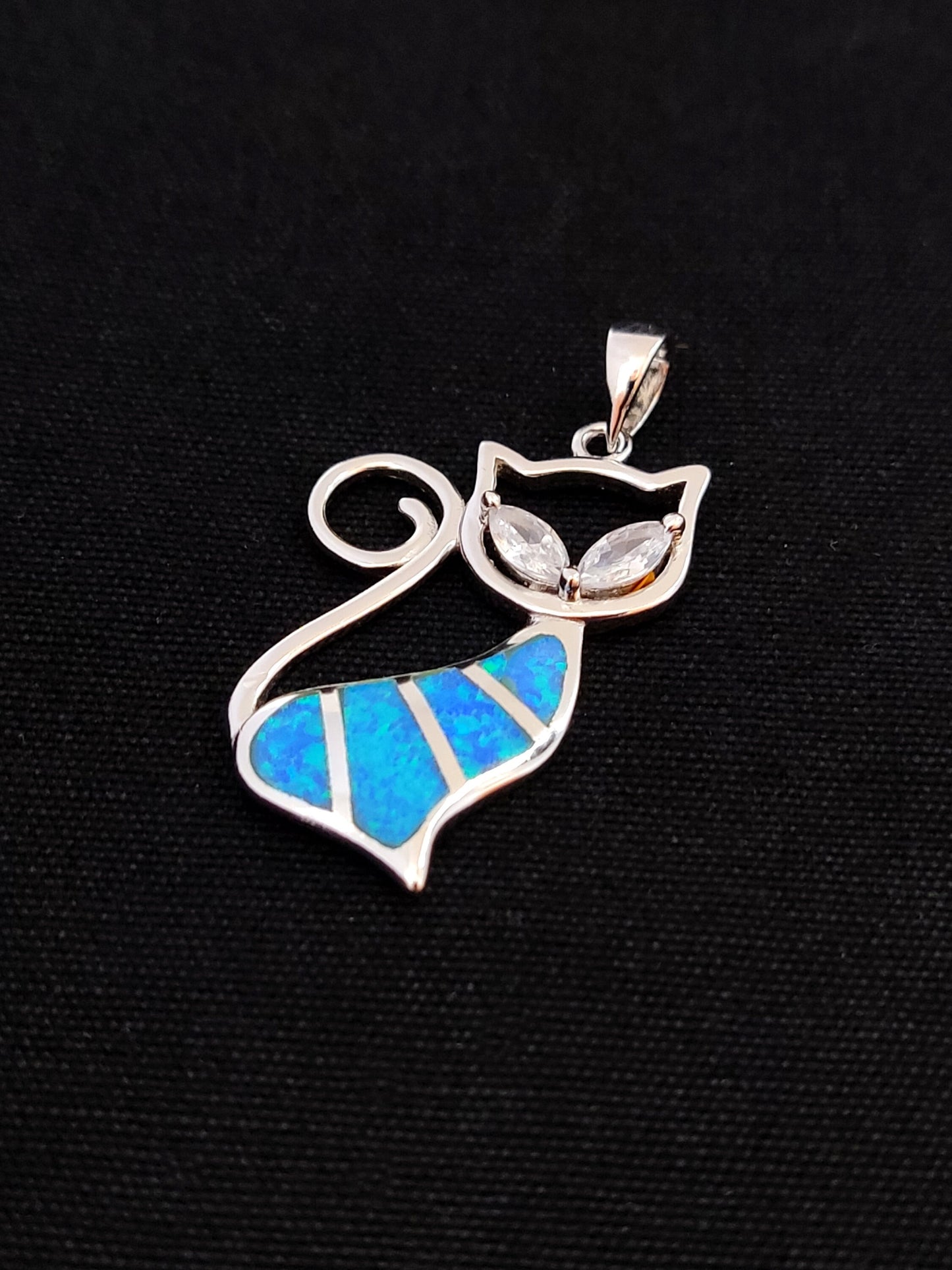 Sterling Silver 925 Blue Opal Greek Cat Animal Pendant 30mm , Greek Opal Spiral Pendant, Greek Jewelry, Griechischer Opal Anhanger, Grecque