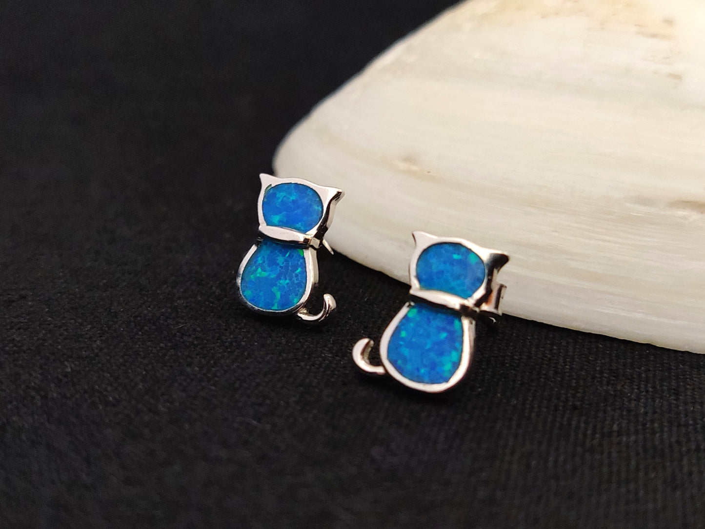 Sterling Silver 925 Ocean Blue Opal Small Cats Stud Earrings, Greek Cats Earrings, Griechisches Ohrringe, Bijoux Grecque, Bijoux Grecque