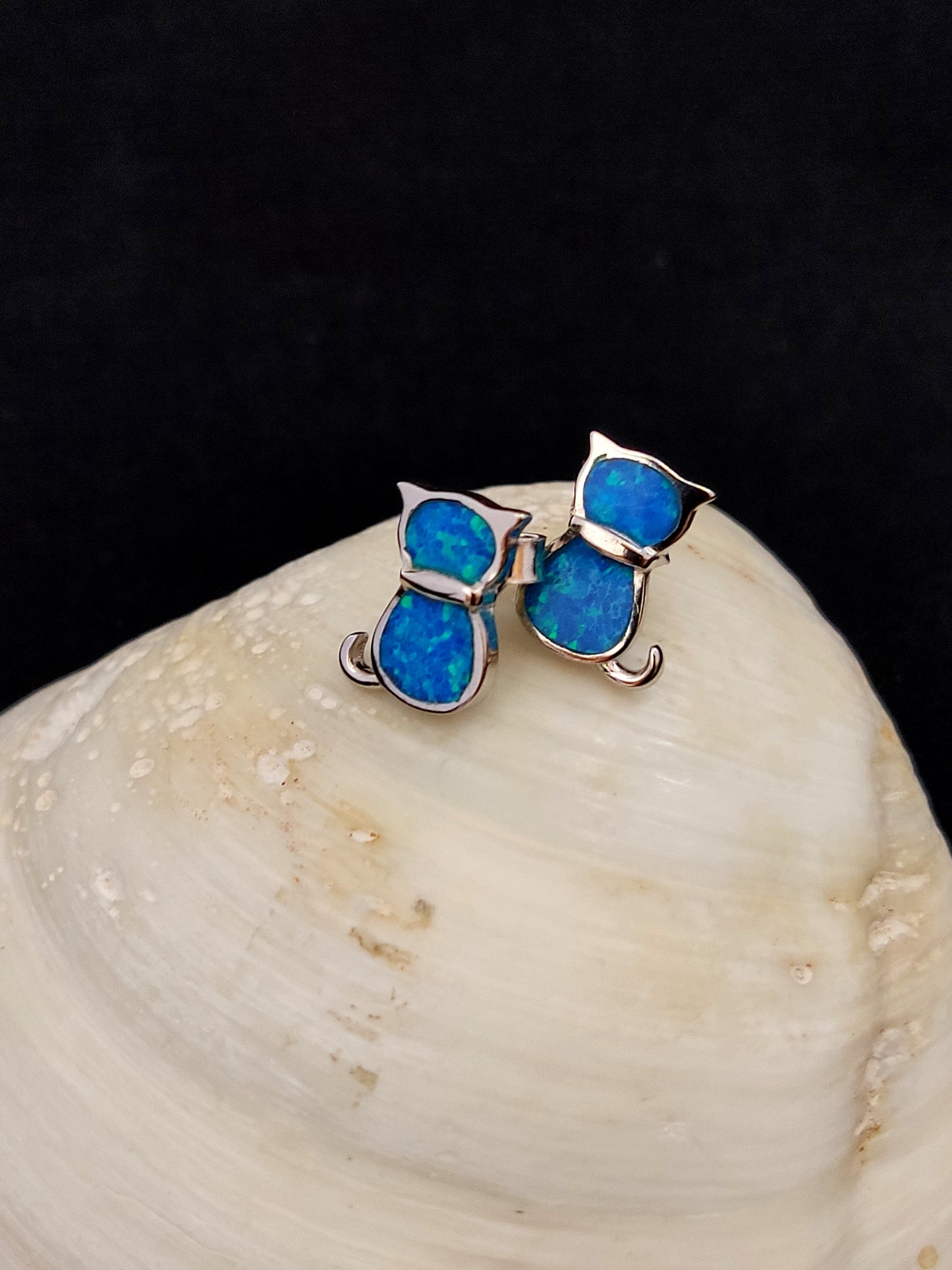 Sterling Silver 925 Ocean Blue Opal Small Cats Stud Earrings, Greek Cats Earrings, Griechisches Ohrringe, Bijoux Grecque, Bijoux Grecque