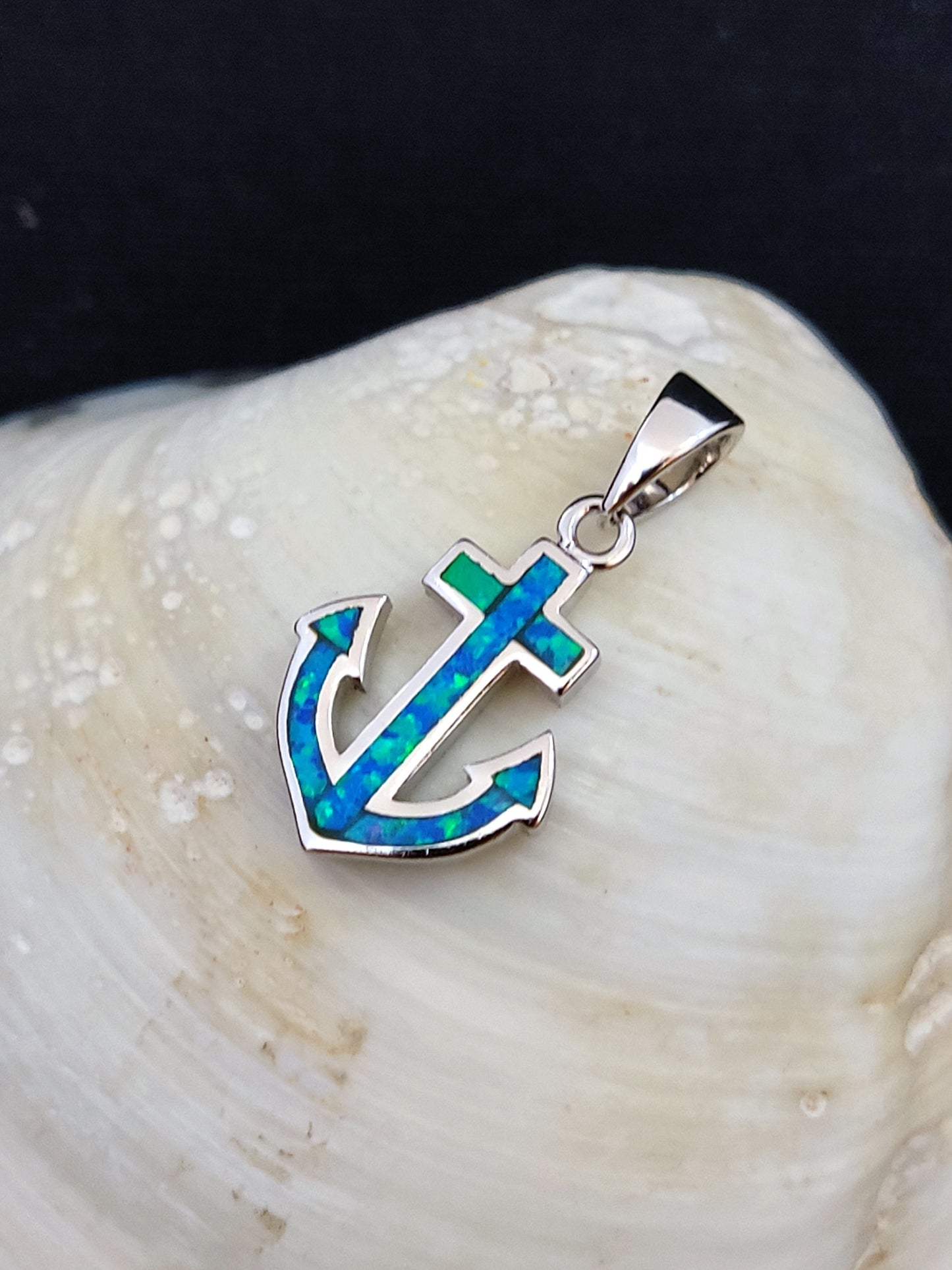 Sterling Silver 925 Blue Opal Greek Anchor Sea Pendant 17mm, Greek Opal Navy Pendant, Greek Jewelry, Griechischer Opal Anhanger, Grecque
