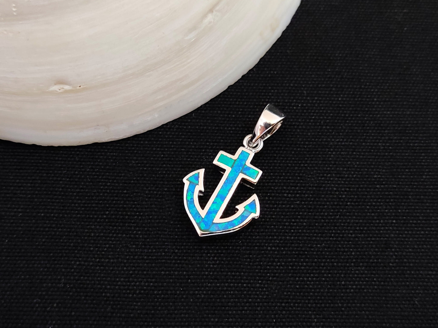 Sterling Silver 925 Blue Opal Greek Anchor Sea Pendant 17mm, Greek Opal Navy Pendant, Greek Jewelry, Griechischer Opal Anhanger, Grecque
