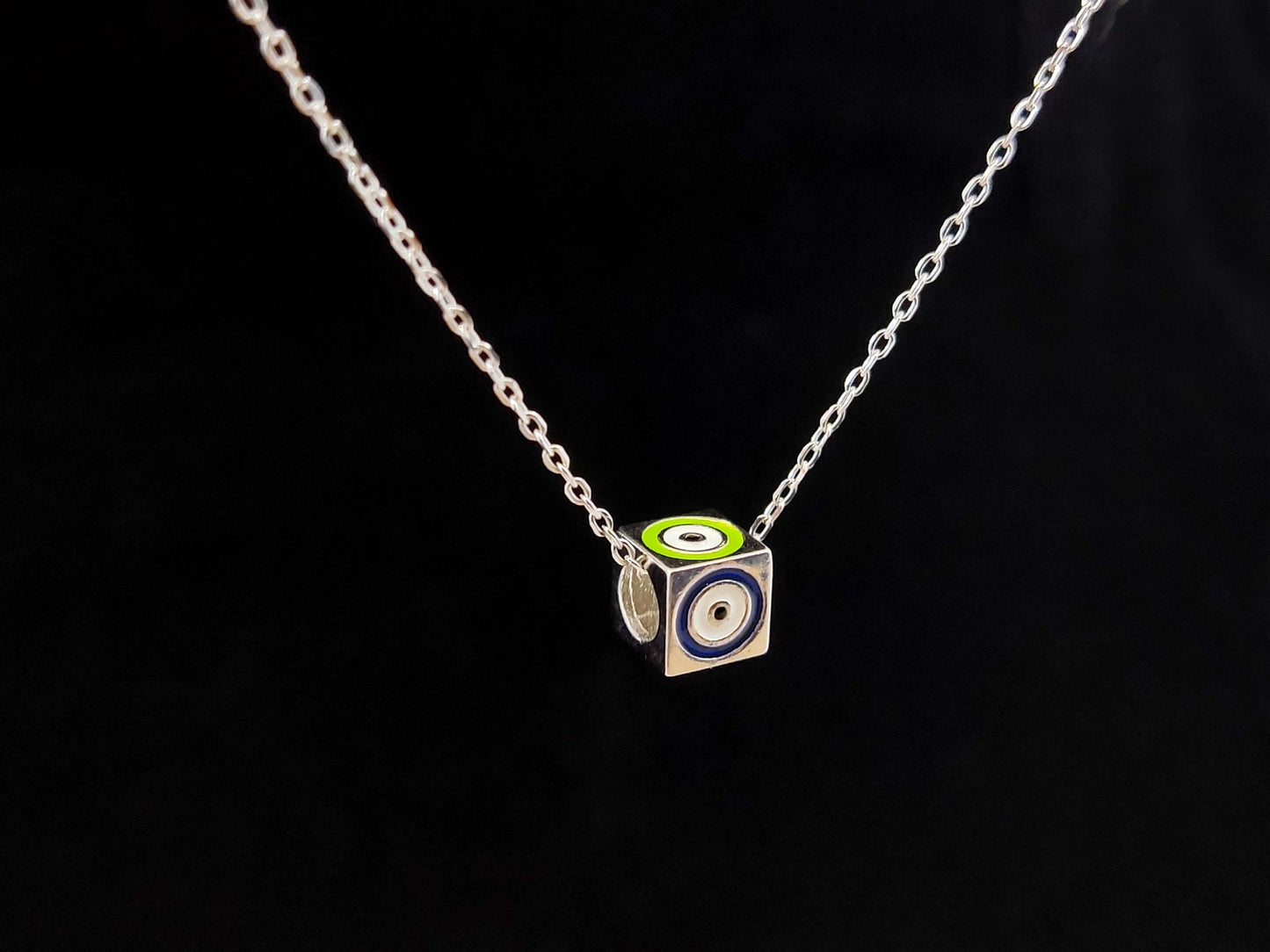 Sterling Silver 925 Cube Multicolor Good Luck Blue Evil Eye Chain Pendant Necklace, Griechischer Silber Kette, Bijoux Grecque, Greek Jewelry