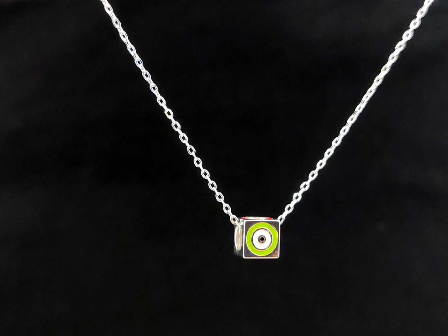 Sterling Silver 925 Cube Multicolor Good Luck Blue Evil Eye Chain Pendant Necklace, Griechischer Silber Kette, Bijoux Grecque, Greek Jewelry