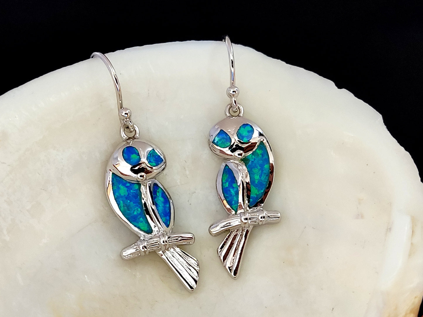 Sterling Silver 925 Ocean Blue Opal Greek Owl Dangle Earrings, Greek Owl Earrings, Griechisches Ohrringe, Bijoux Grecque, Bijoux Grecque