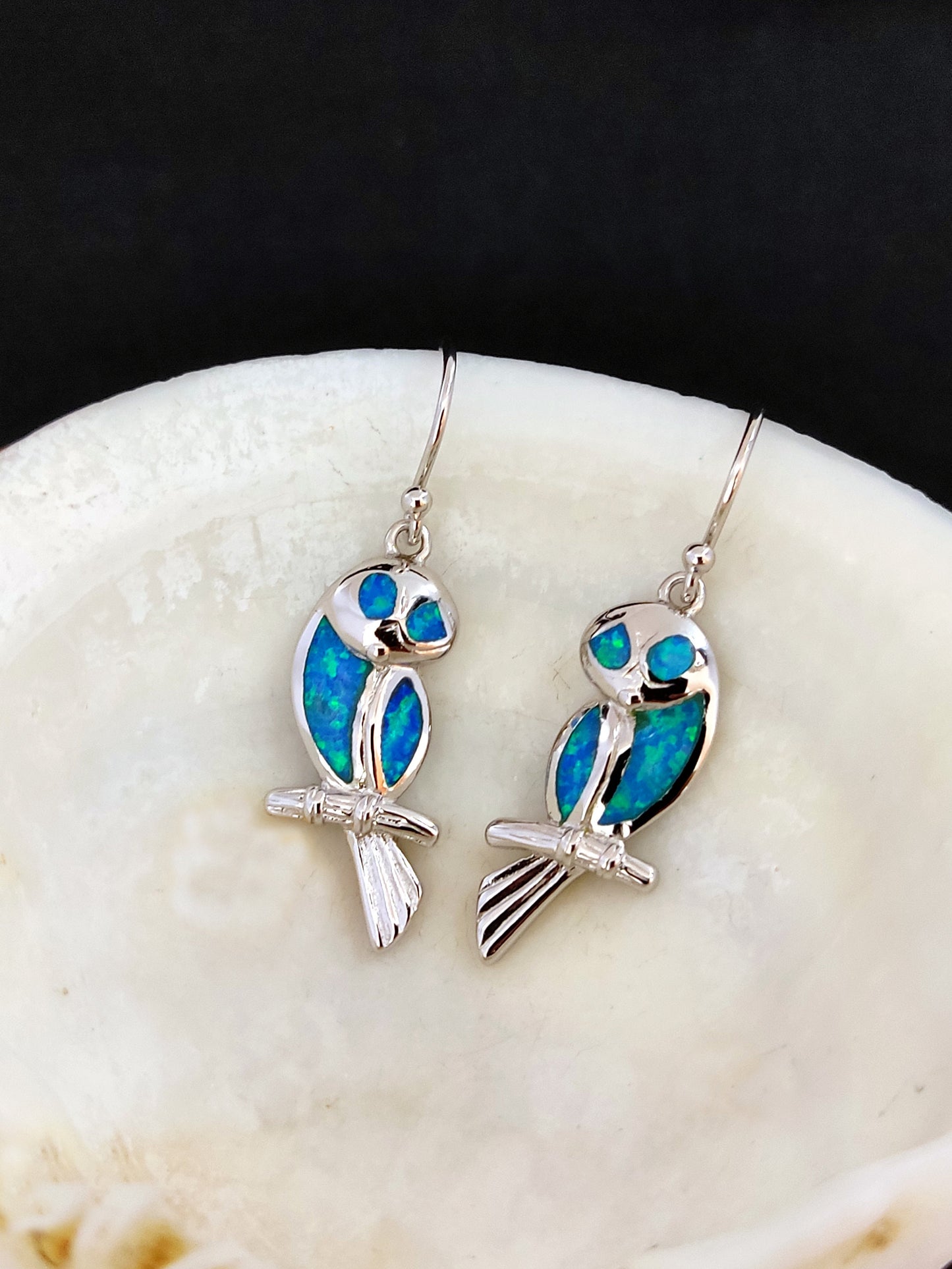 Sterling Silver 925 Ocean Blue Opal Greek Owl Dangle Earrings, Greek Owl Earrings, Griechisches Ohrringe, Bijoux Grecque, Bijoux Grecque