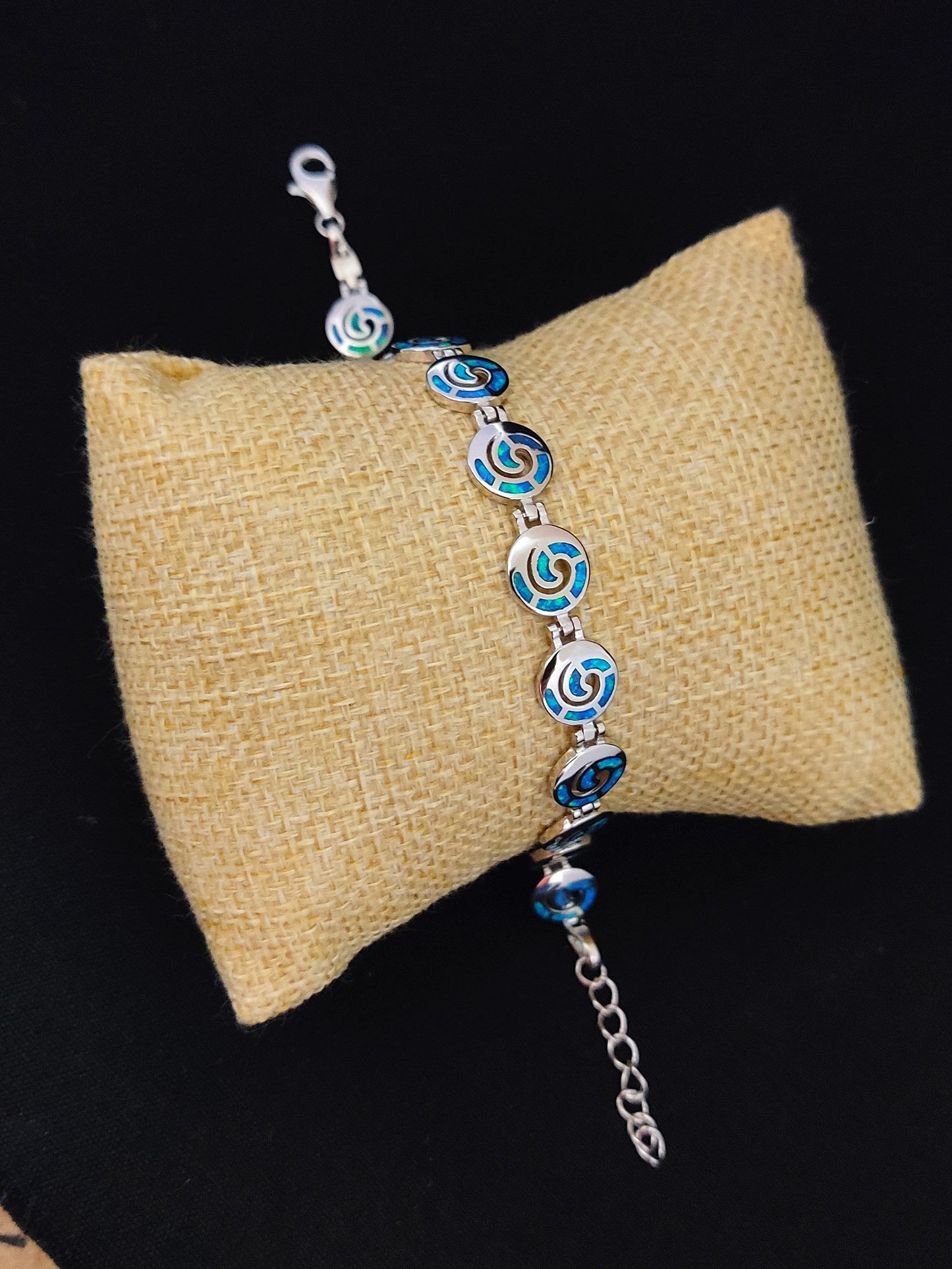 Sterling Silver 925 Greek Spiral Fire Blue Opal 10mm Bracelet, Infinity Blue Opal Bracelet , Griechischer Blau Opal Armband, Bijoux Grecque