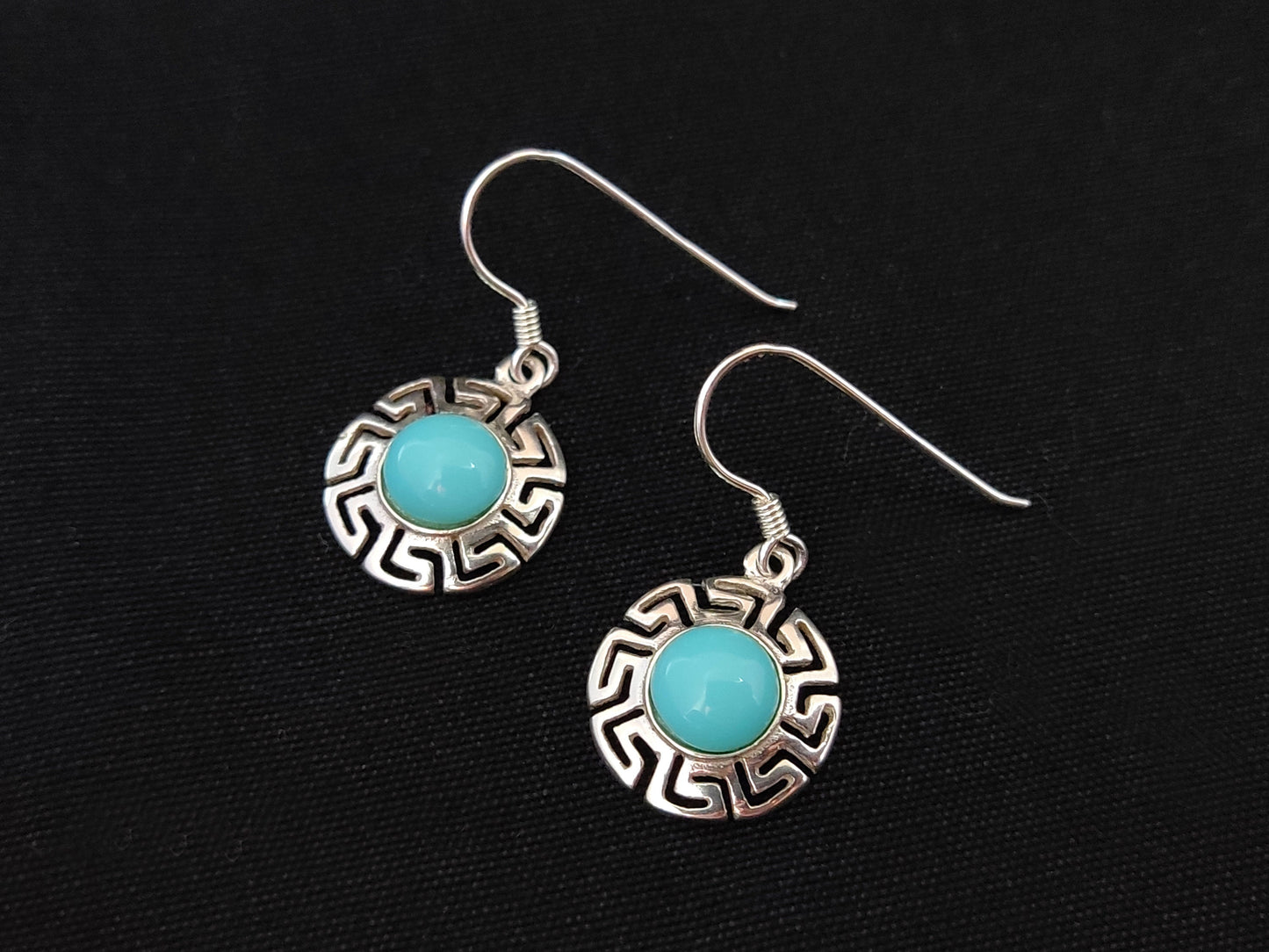 Sterling Silver 925 Ancient Greek Meander Key Fire Turquoise Color Stones Dangle Earrings 16mm, Griechische Ohrringe, Griechische Schmuck