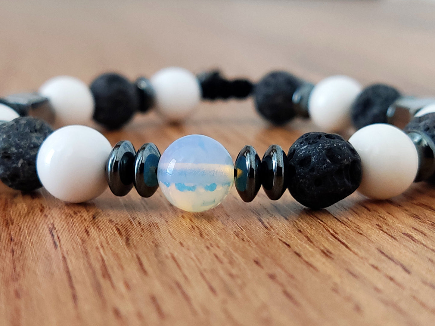Volcanic Rough Matt Lava - White Onyx - Moonstone 8mm Stones Adjustable Macrame Bracelet, Black White Stones Bracelet, Men Women Bracelet,