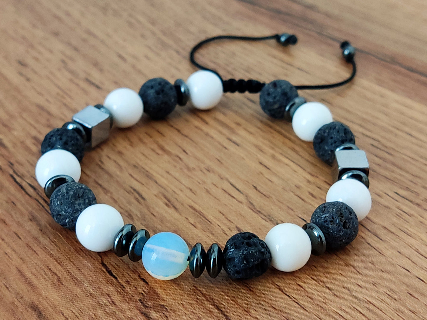 Volcanic Rough Matt Lava - White Onyx - Moonstone 8mm Stones Adjustable Macrame Bracelet, Black White Stones Bracelet, Men Women Bracelet,
