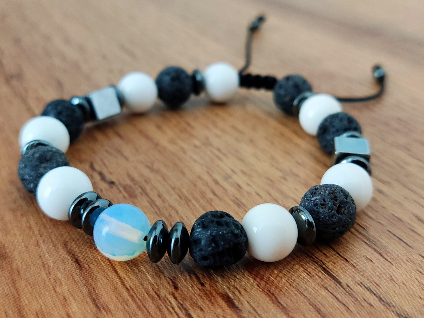 Volcanic Rough Matt Lava - White Onyx - Moonstone 8mm Stones Adjustable Macrame Bracelet, Black White Stones Bracelet, Men Women Bracelet,