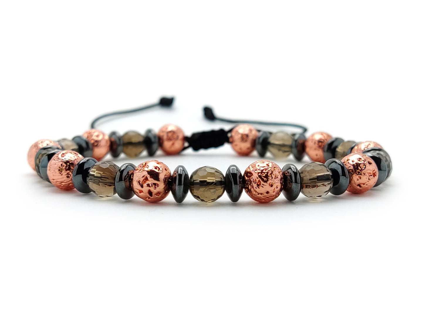 Lava Bracelet, Rose Gold Plated Lava & Smoked Brown Faceted Quartz Men Women Adjustable Bracelet, Quartz Bracelet, Santorini Lava Bracelet,