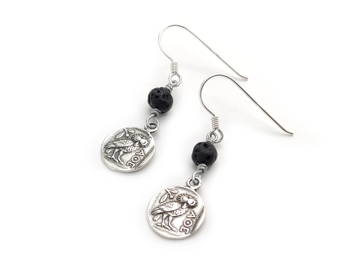 Sterling Silver 925 Ancient Greek Goddess Athena's Wise Owl Earrings 13mm Volcanic Lava 6mm, Griechische Silber Ohrringe Eule, Owl Earrings