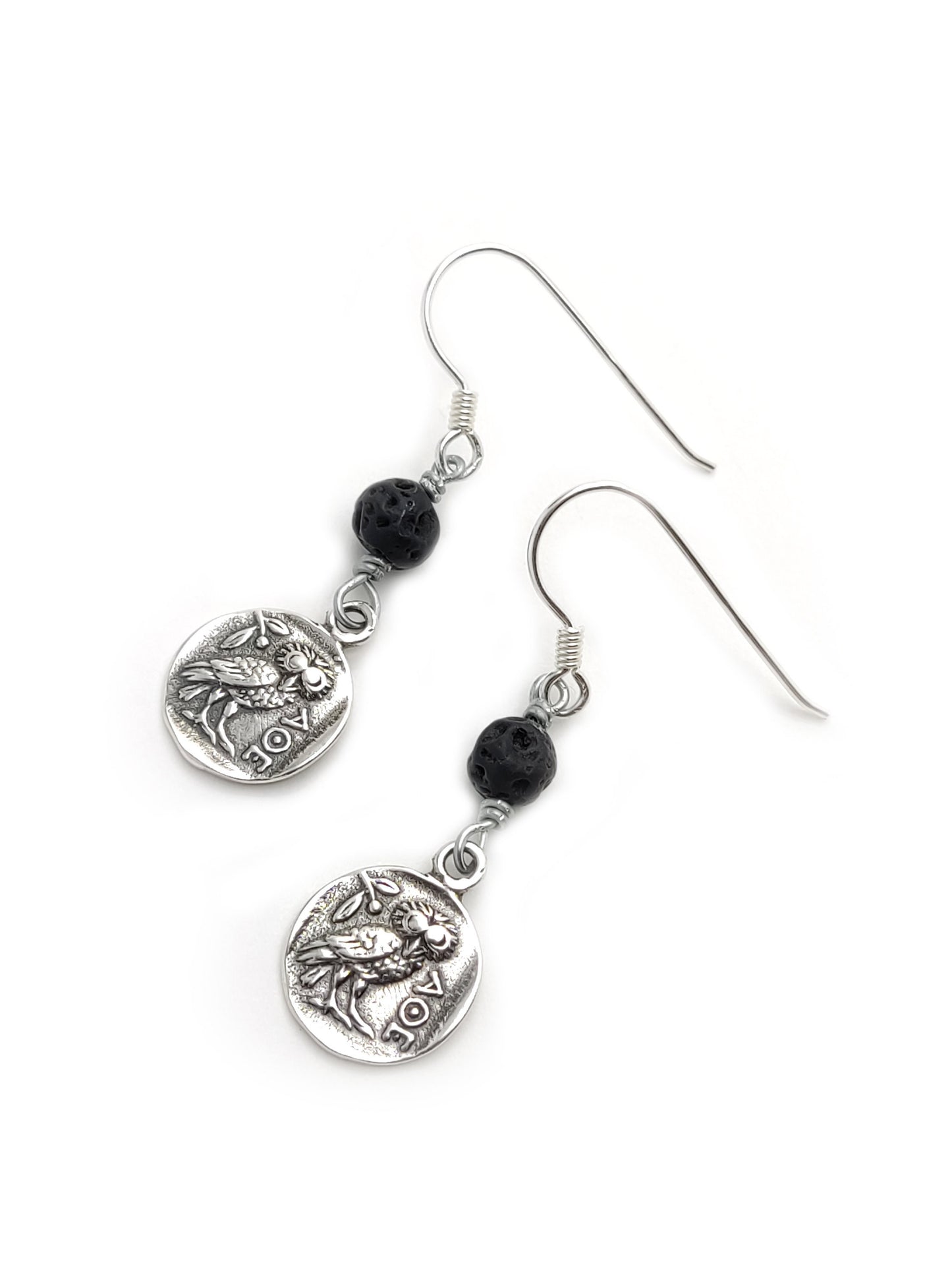 Sterling Silver 925 Ancient Greek Goddess Athena's Wise Owl Earrings 13mm Volcanic Lava 6mm, Griechische Silber Ohrringe Eule, Owl Earrings