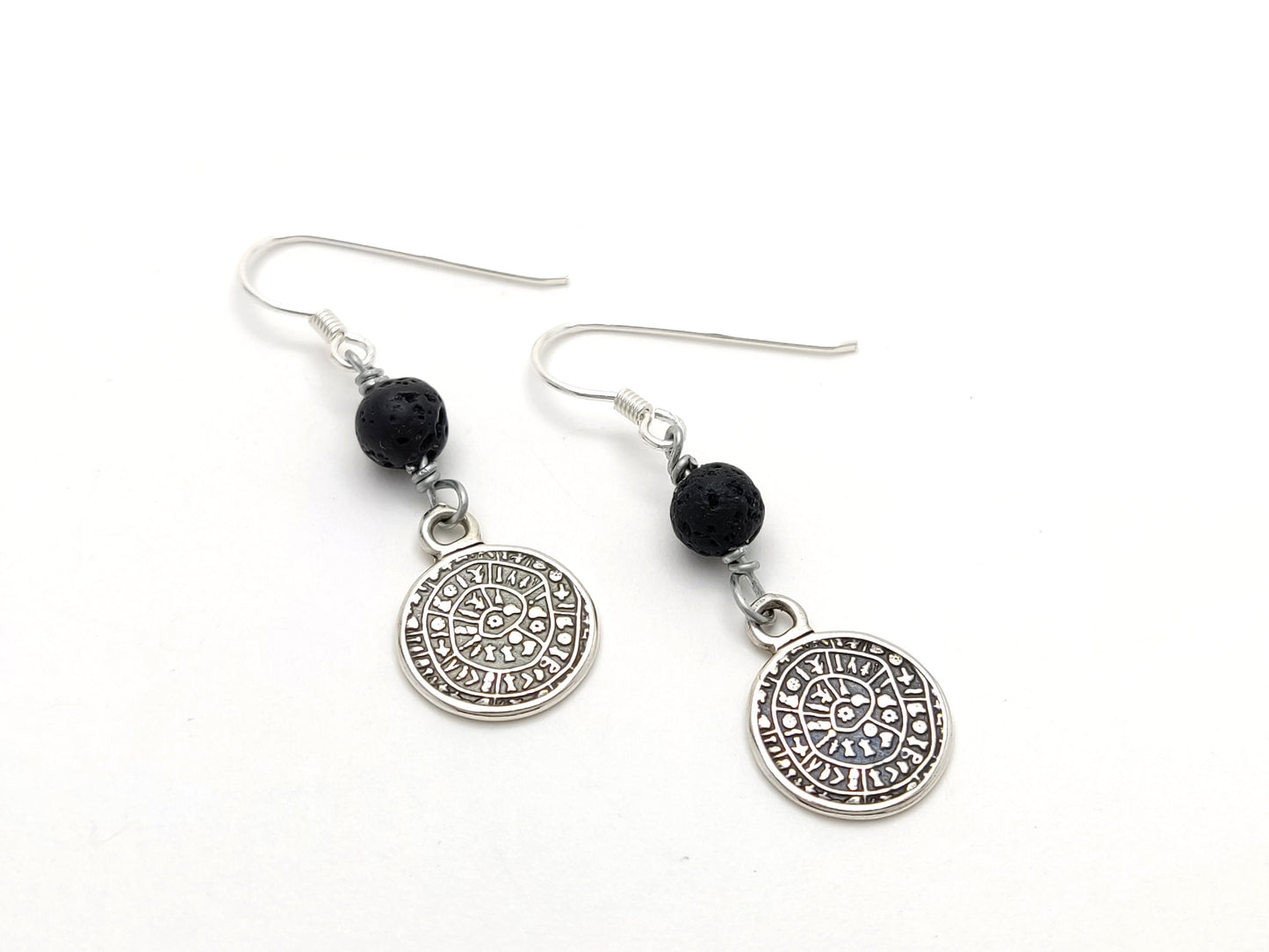 Sterling Silver 925 Dangle Earrings Ancient Greek Minoan Phaistos Disc 14mm & Volcanic Lava 6mm, Griechische Silber Ohrringe, Bijoux Grecque